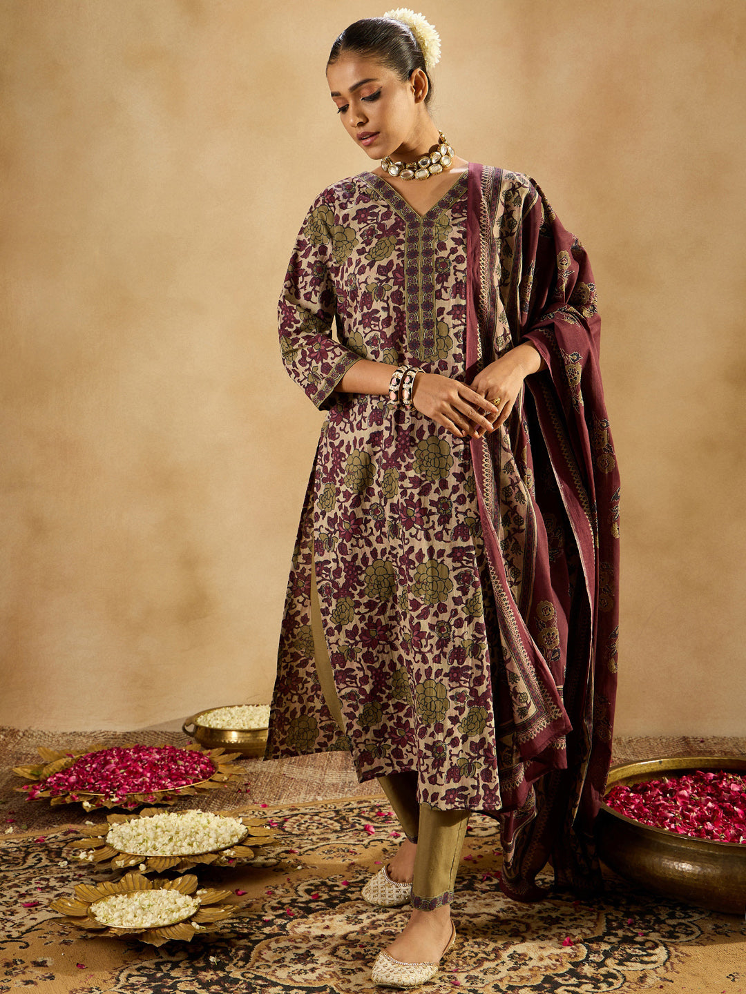 Indo Era Burgundy Printed Straight Kurta Trousers With Dupatta set