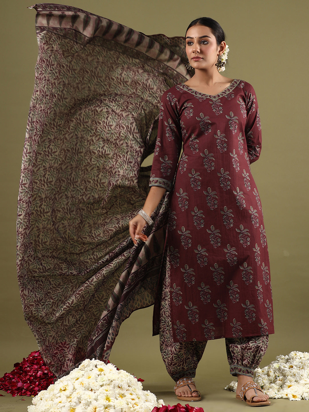Indo Era Burgundy Printed Straight Kurta Salwar With Dupatta set