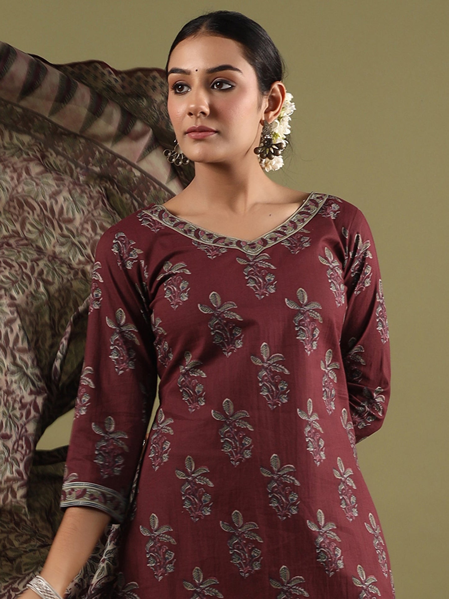 Indo Era Burgundy Printed Straight Kurta Salwar With Dupatta set