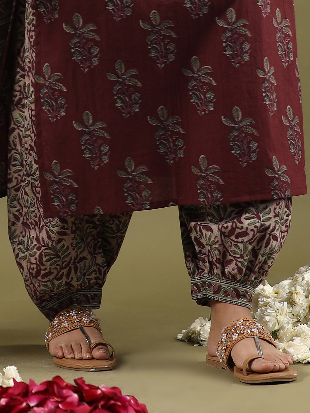 Indo Era Burgundy Printed Straight Kurta Salwar With Dupatta set