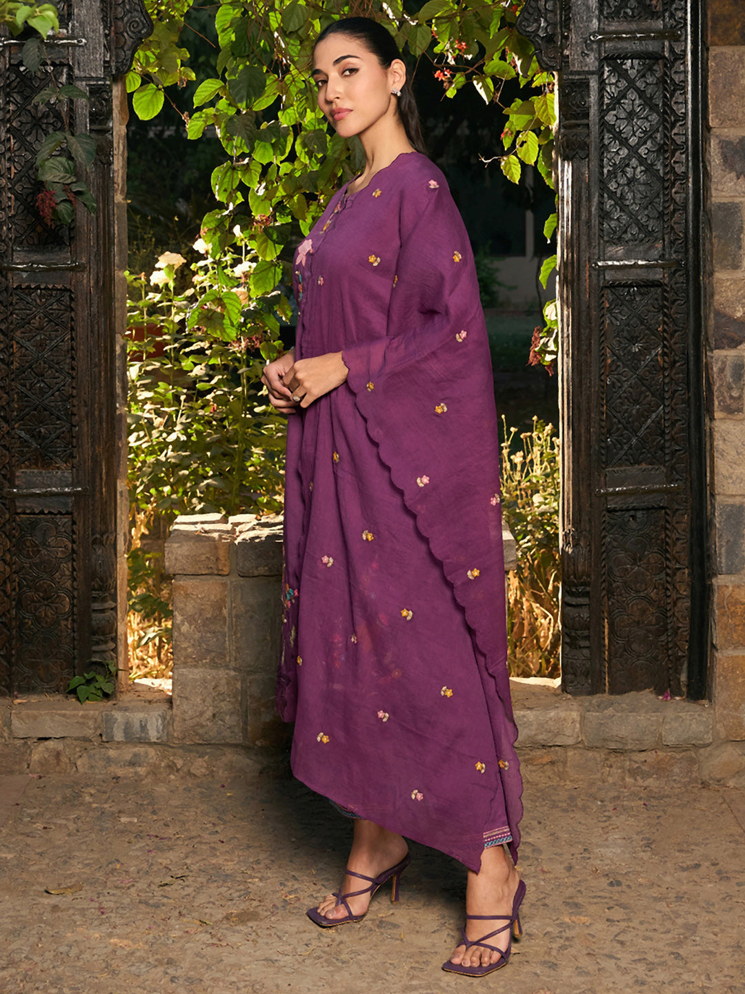 Indo Era Burgundy Embroidered Straight Kurta Trousers With Dupatta set