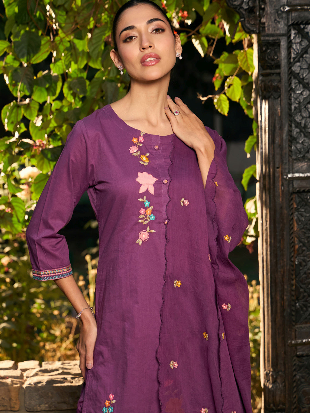Indo Era Burgundy Embroidered Straight Kurta Trousers With Dupatta set
