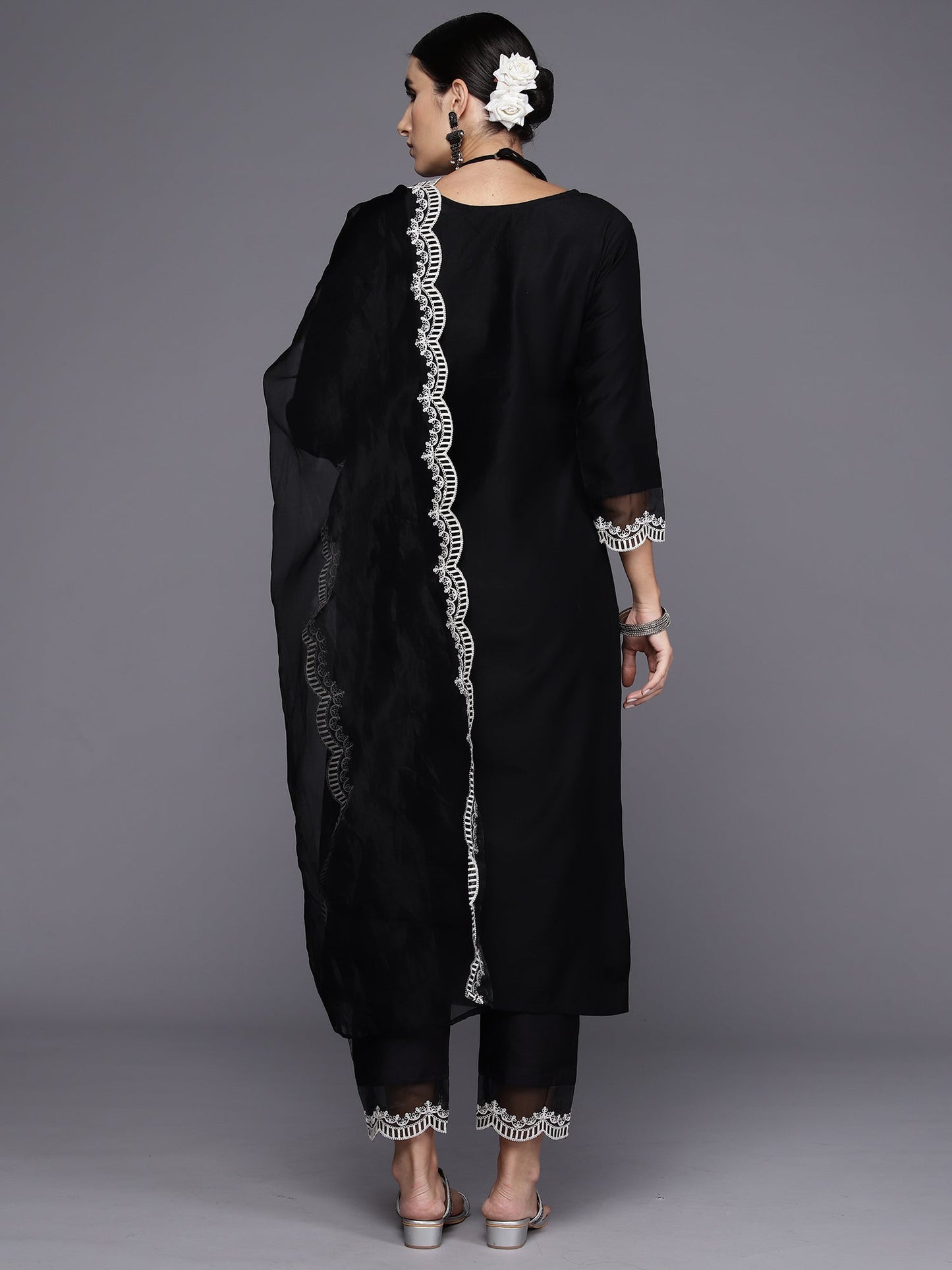 Indo Era Floral Yoke Design Regular Thread Work Liva Kurta with Trousers & Dupatta