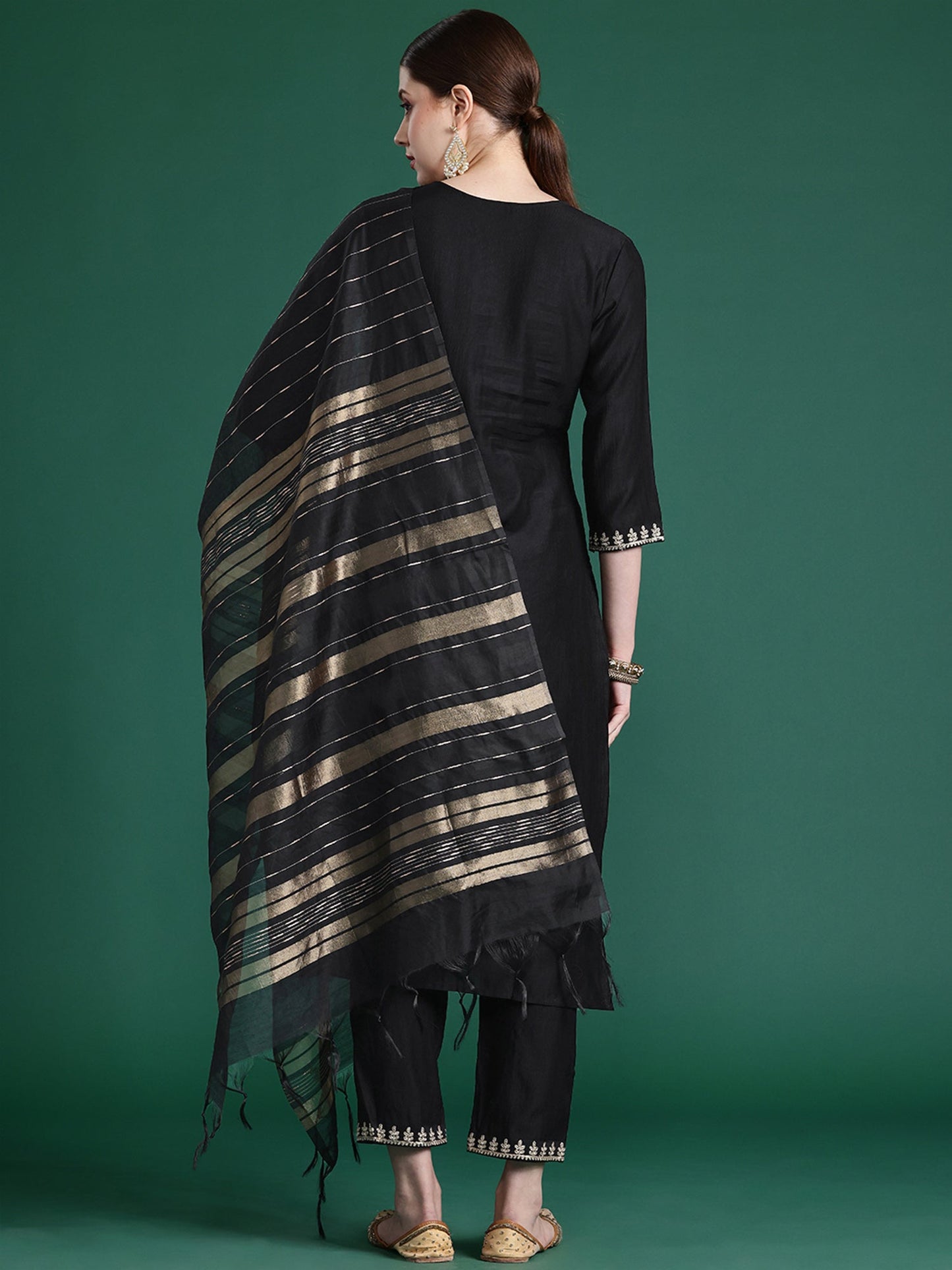 Indo Era Black Embroidered Straight Kurta Trousers With Dupatta set