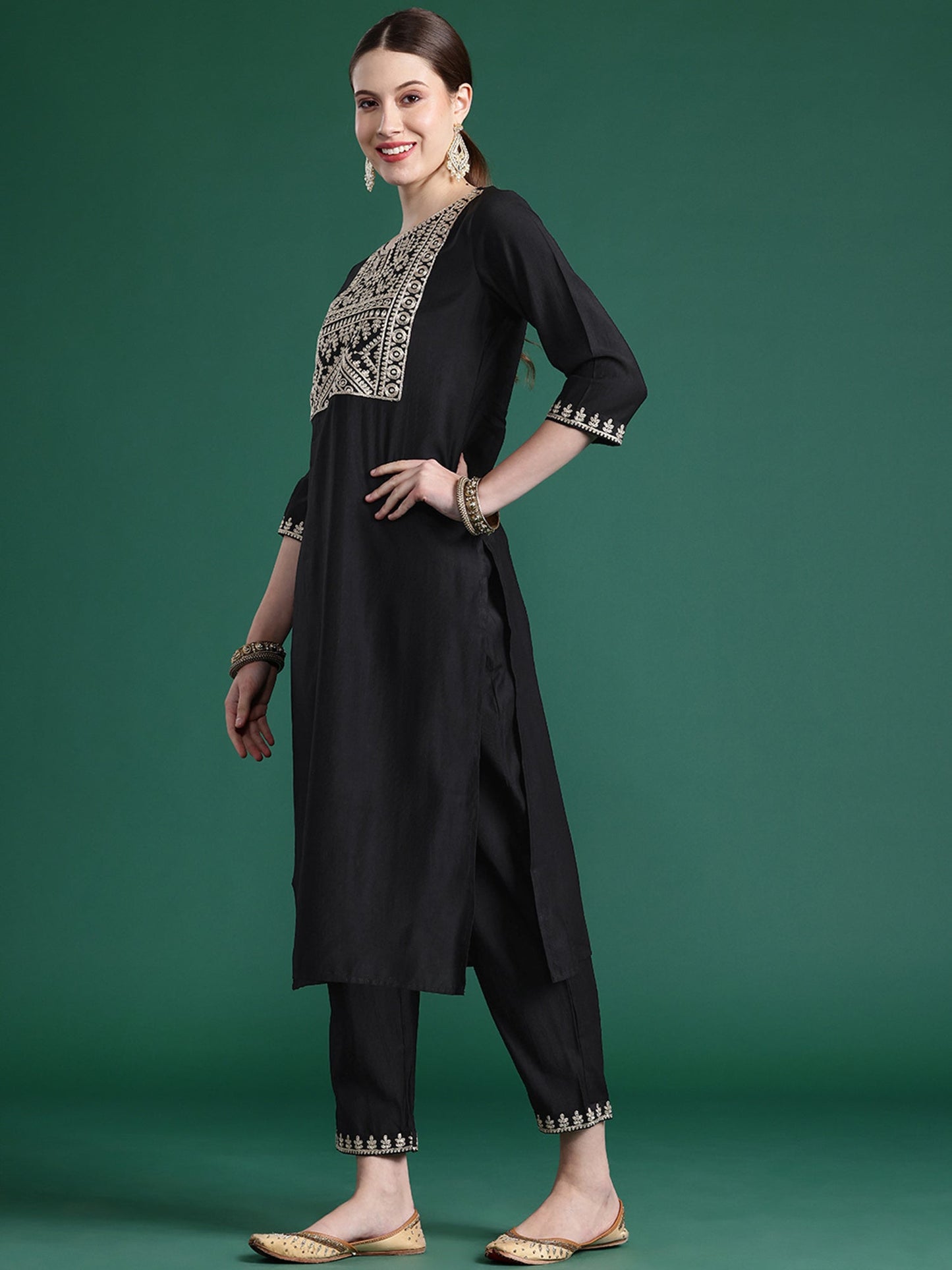Indo Era Black Embroidered Straight Kurta Trousers With Dupatta set