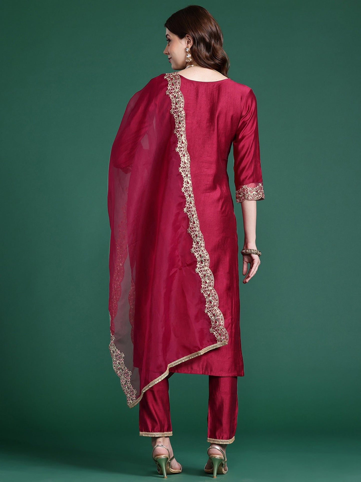 Indo Era Burgundy Embroidered Straight Kurta Trousers With Dupatta set