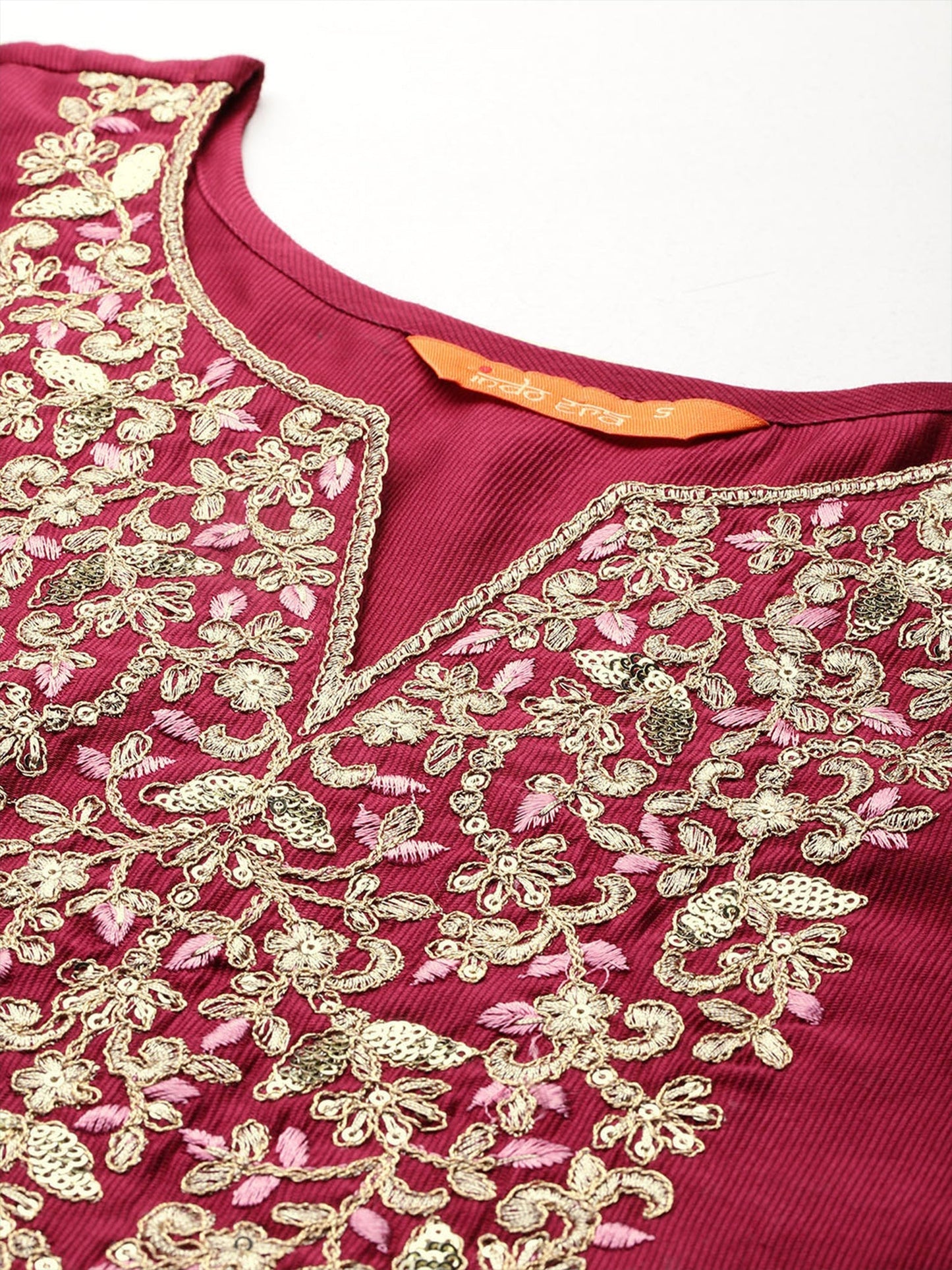 Indo Era Burgundy Embroidered Straight Kurta Trousers With Dupatta set