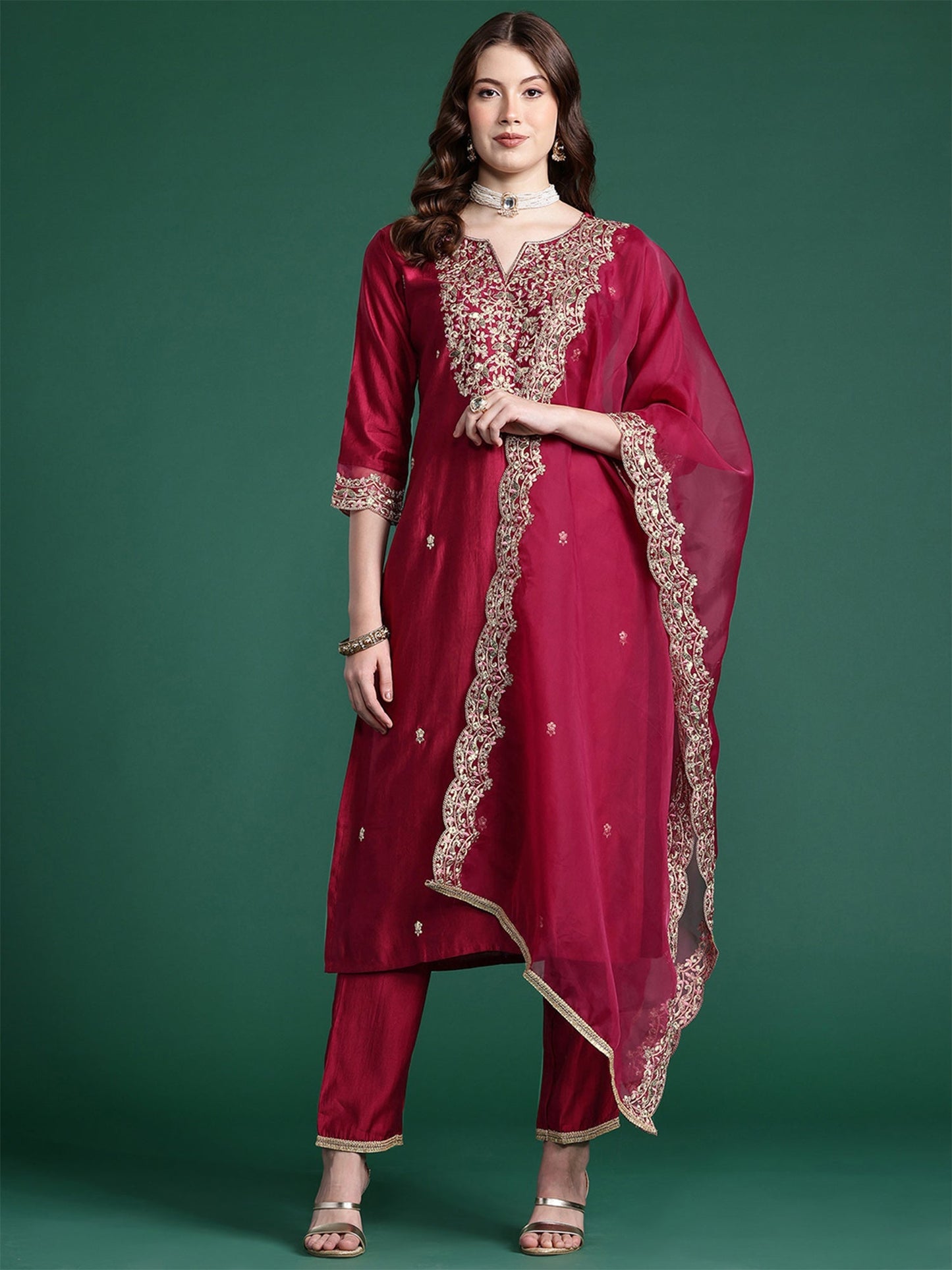 Indo Era Burgundy Embroidered Straight Kurta Trousers With Dupatta set