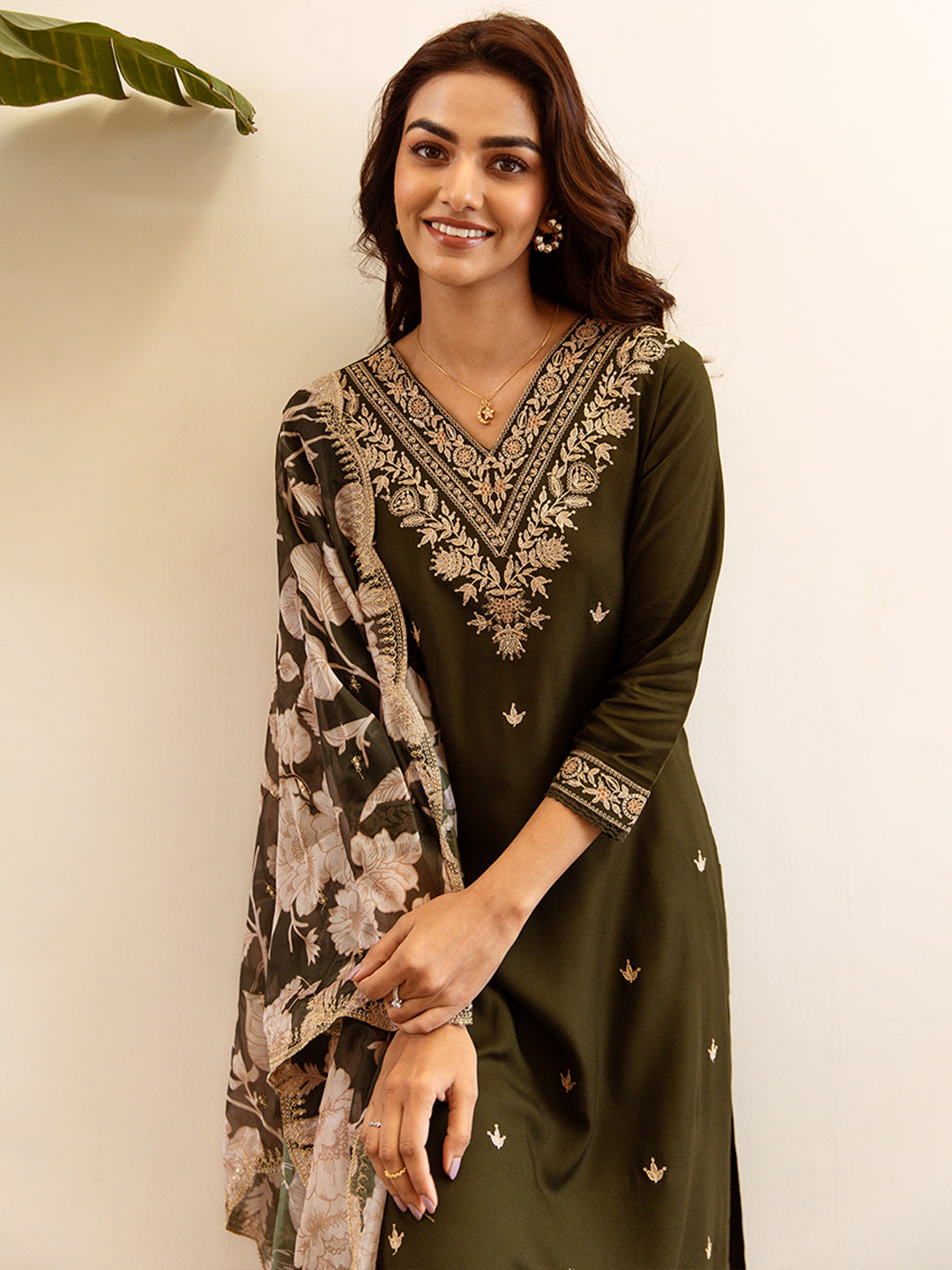 Indo Era Green Embroidered Straight Kurta Salwar With Dupatta set