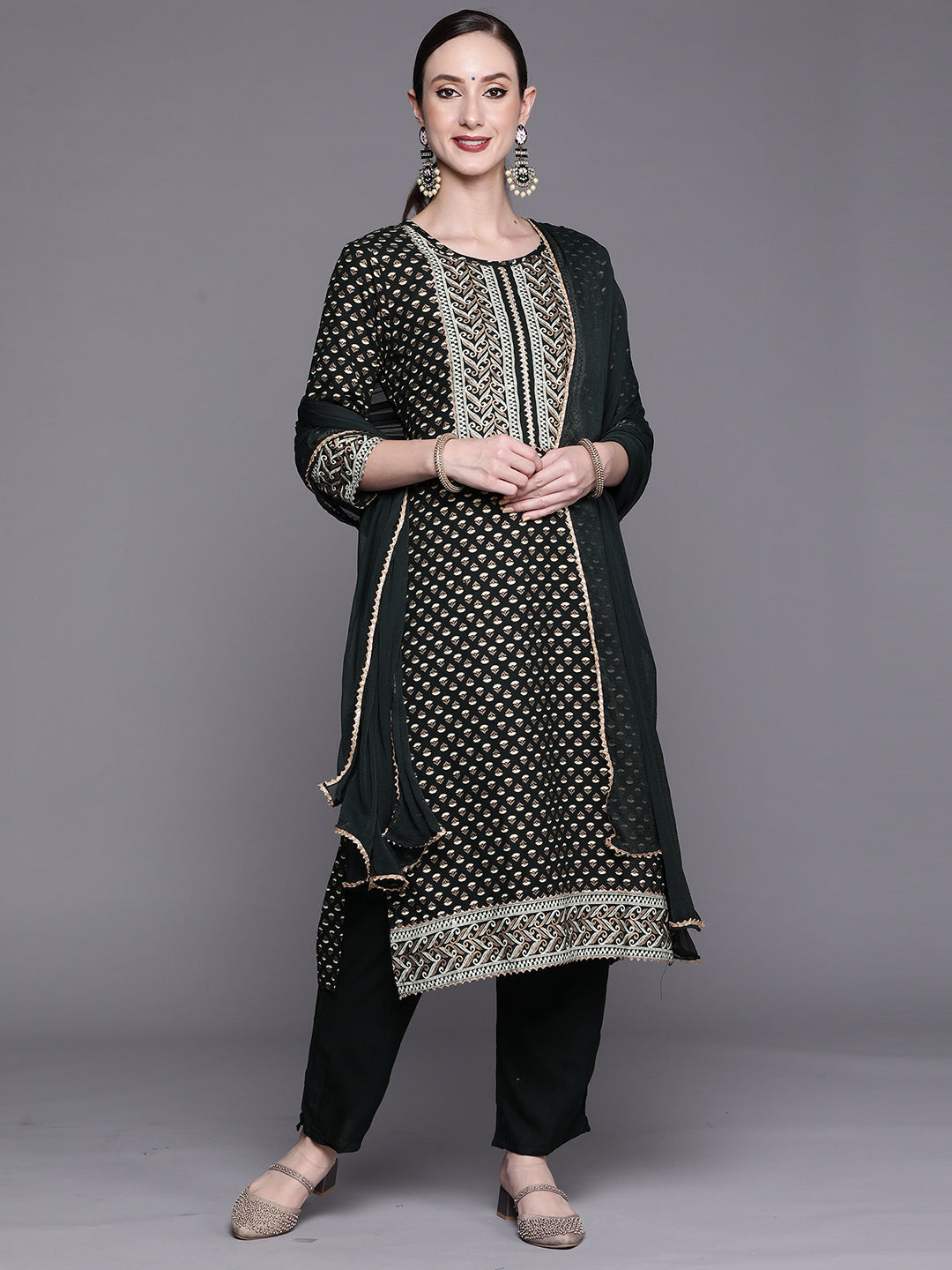 Indo Era Green Printed Straight Kurta Trousers With Dupatta Set