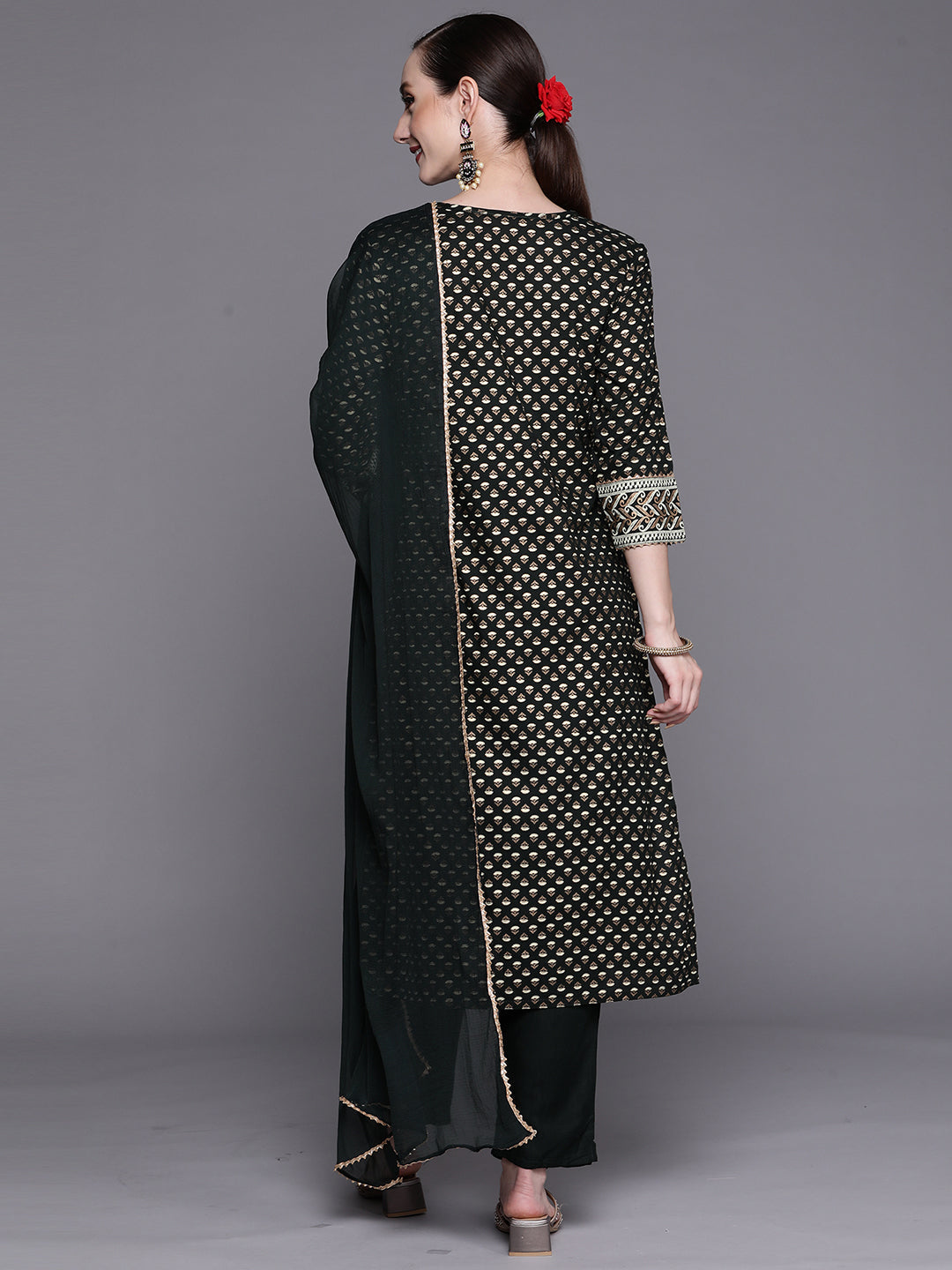 Indo Era Green Printed Straight Kurta Trousers With Dupatta Set