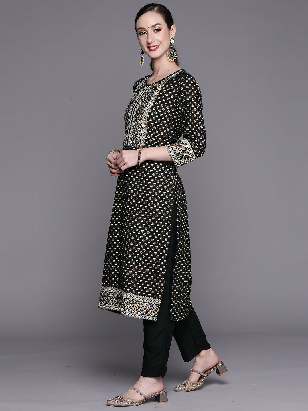 Indo Era Green Printed Straight Kurta Trousers With Dupatta Set