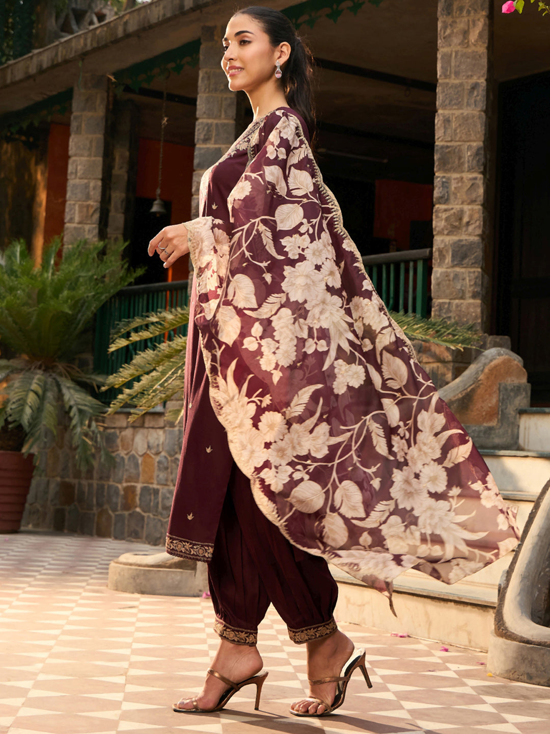 Indo Era Burgundy Embroidered Straight Kurta Salwar With Dupatta set
