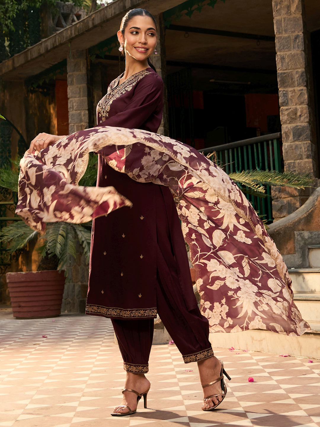 Indo Era Burgundy Embroidered Straight Kurta Salwar With Dupatta set