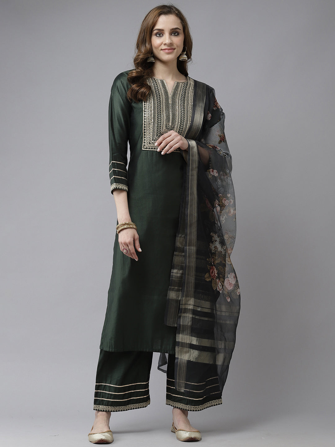 Indo Era Bottle Green Embroidered Straight Kurta Trouser With Dupatta Set