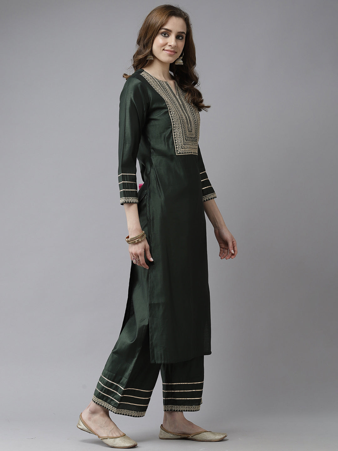 Indo Era Bottle Green Embroidered Straight Kurta Trouser With Dupatta Set