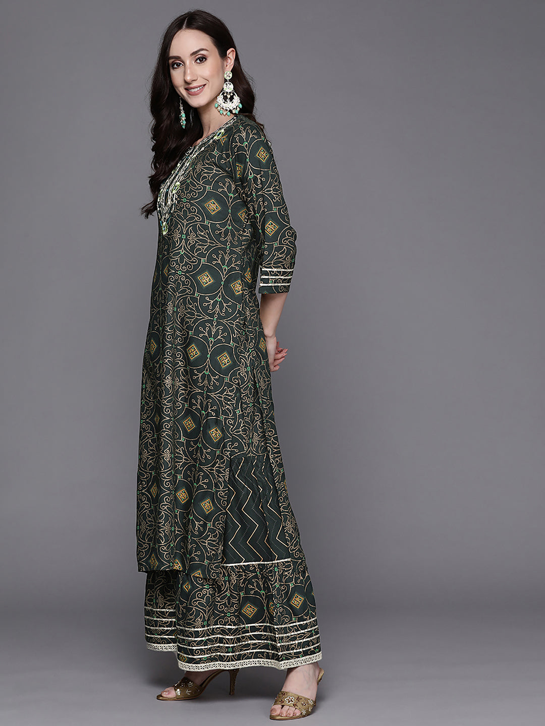 Indo Era Green Embroidered Straight Kurta Sharara With Dupatta Set