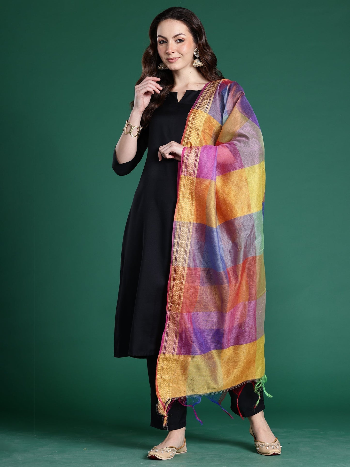 Black Solid A-Line Kurta Trousers With Dupatta Set