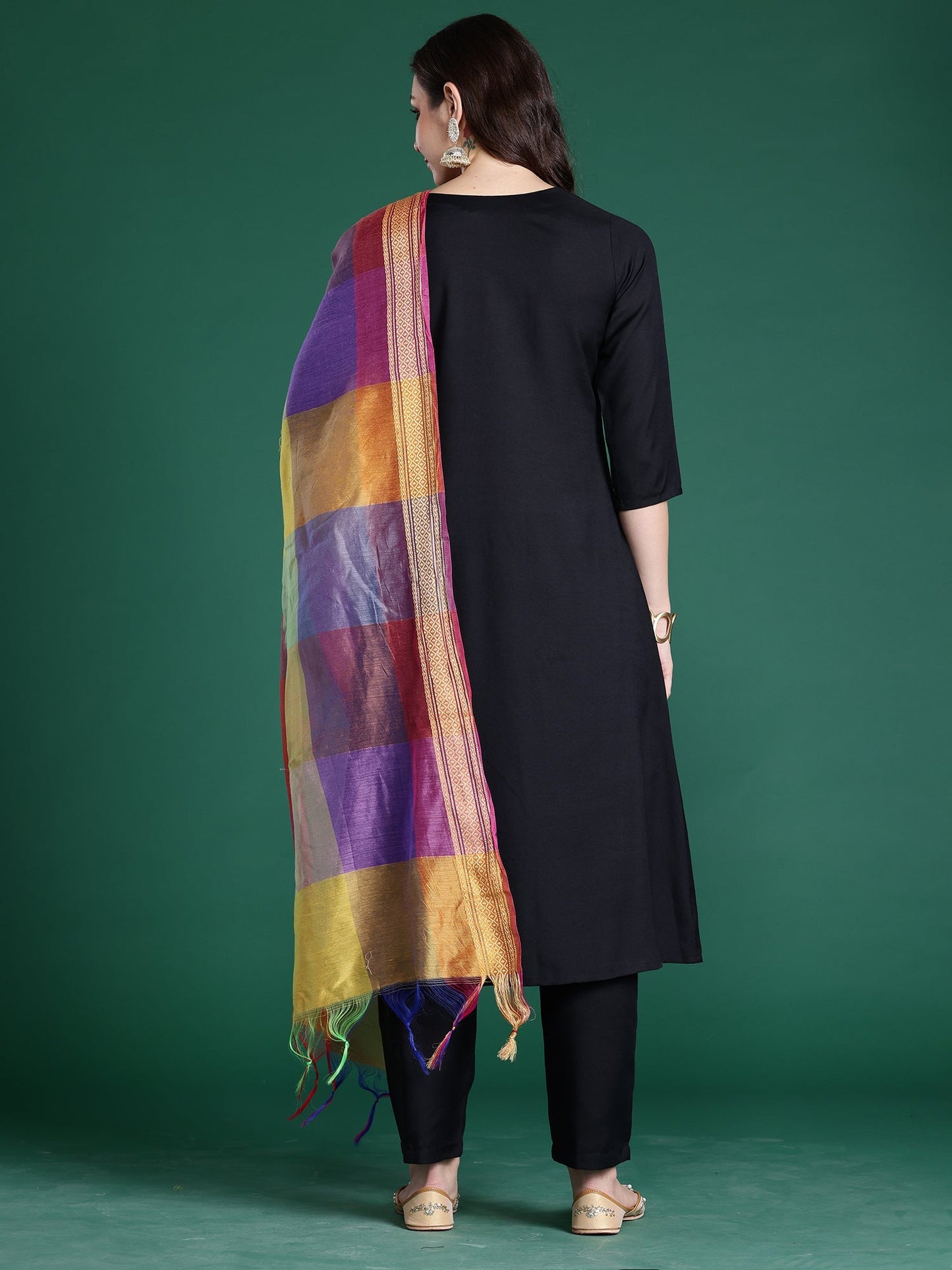 Black Solid A-Line Kurta Trousers With Dupatta Set