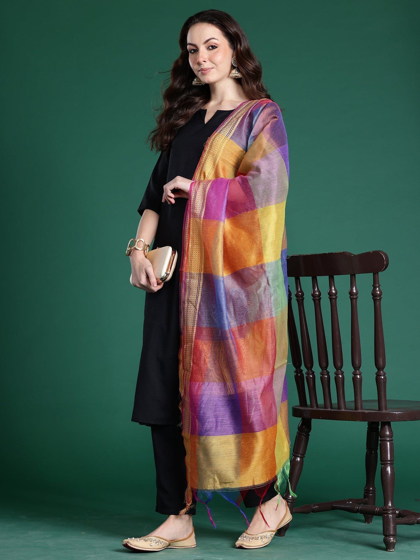 Black Solid A-Line Kurta Trousers With Dupatta Set
