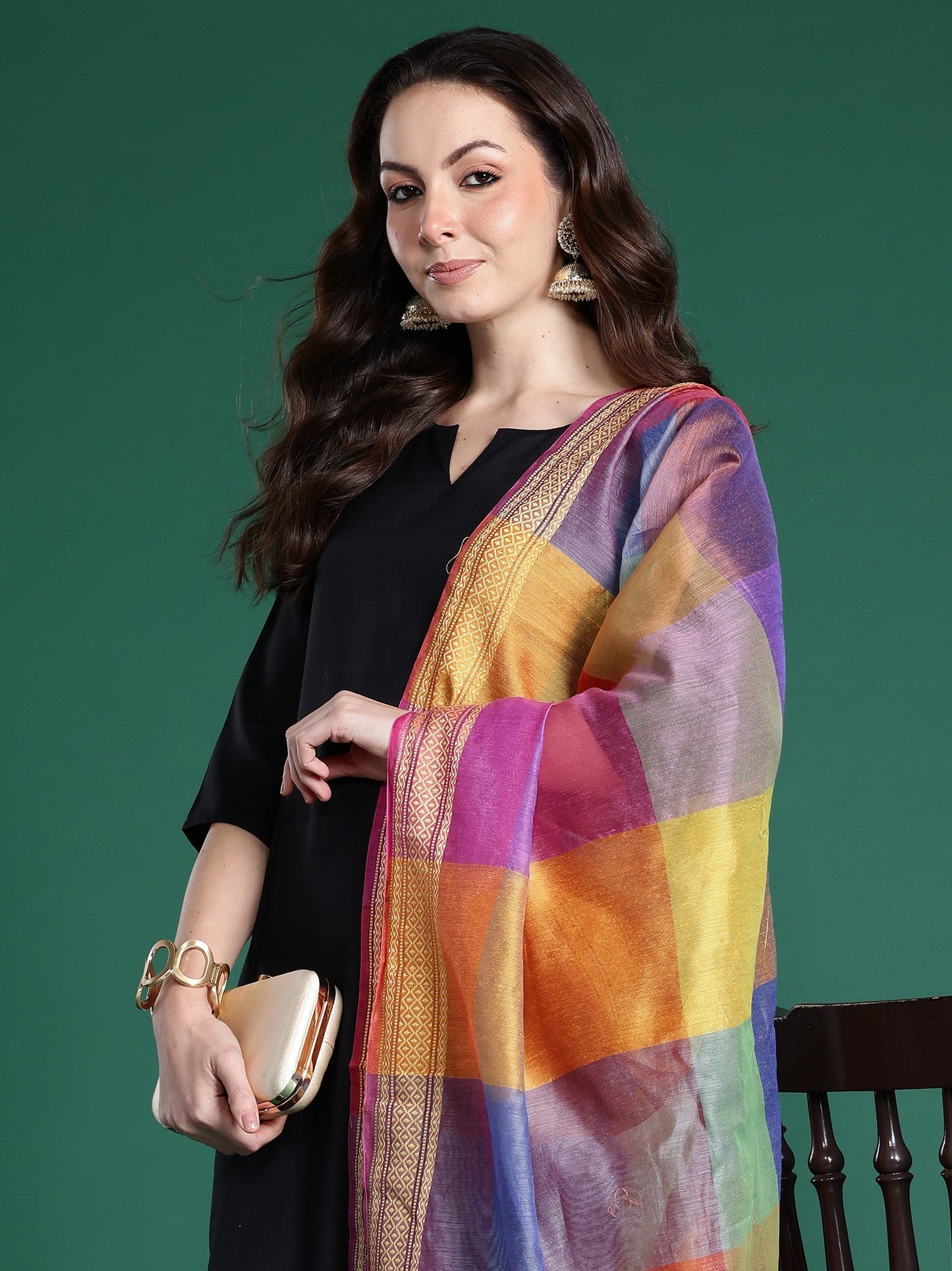 Black Solid A-Line Kurta Trousers With Dupatta Set