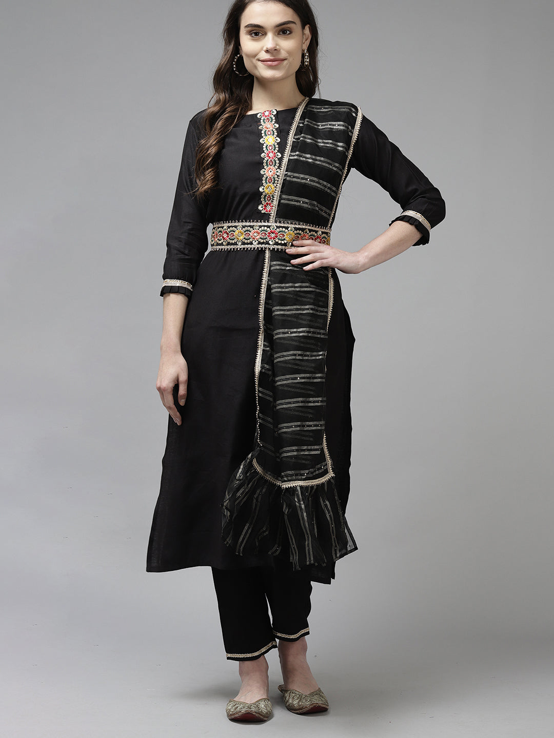 Indo Era Black Solid Straight Kurta Trouser With Dupatta and Belt Set