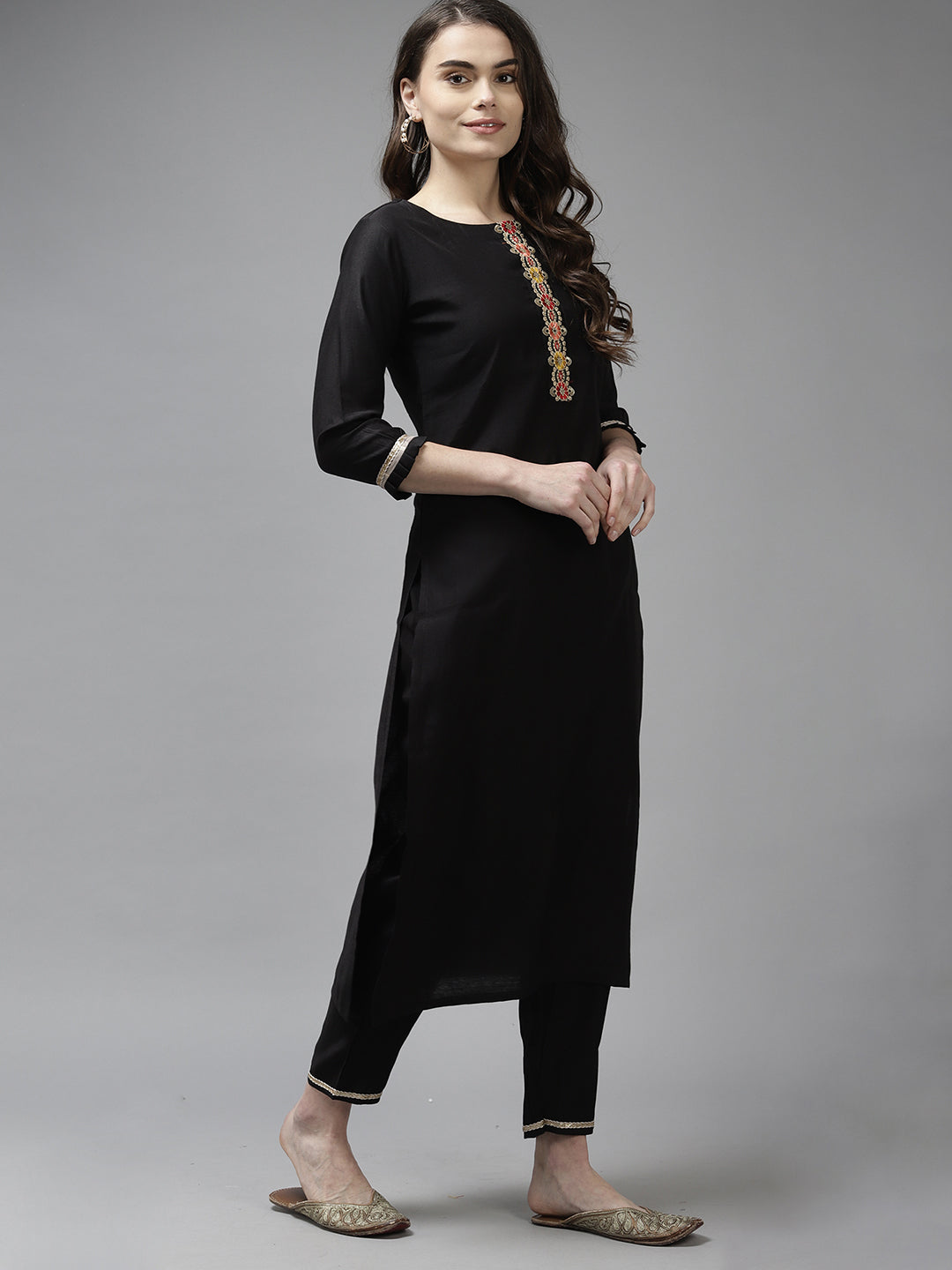 Indo Era Black Solid Straight Kurta Trouser With Dupatta and Belt Set