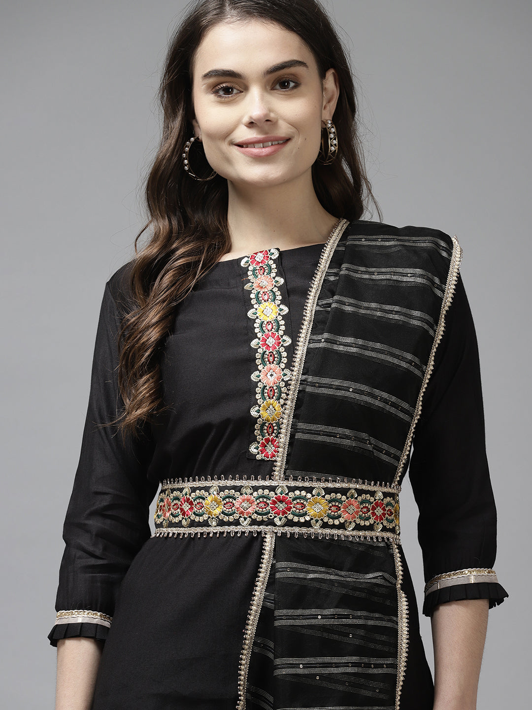 Indo Era Black Solid Straight Kurta Trouser With Dupatta and Belt Set