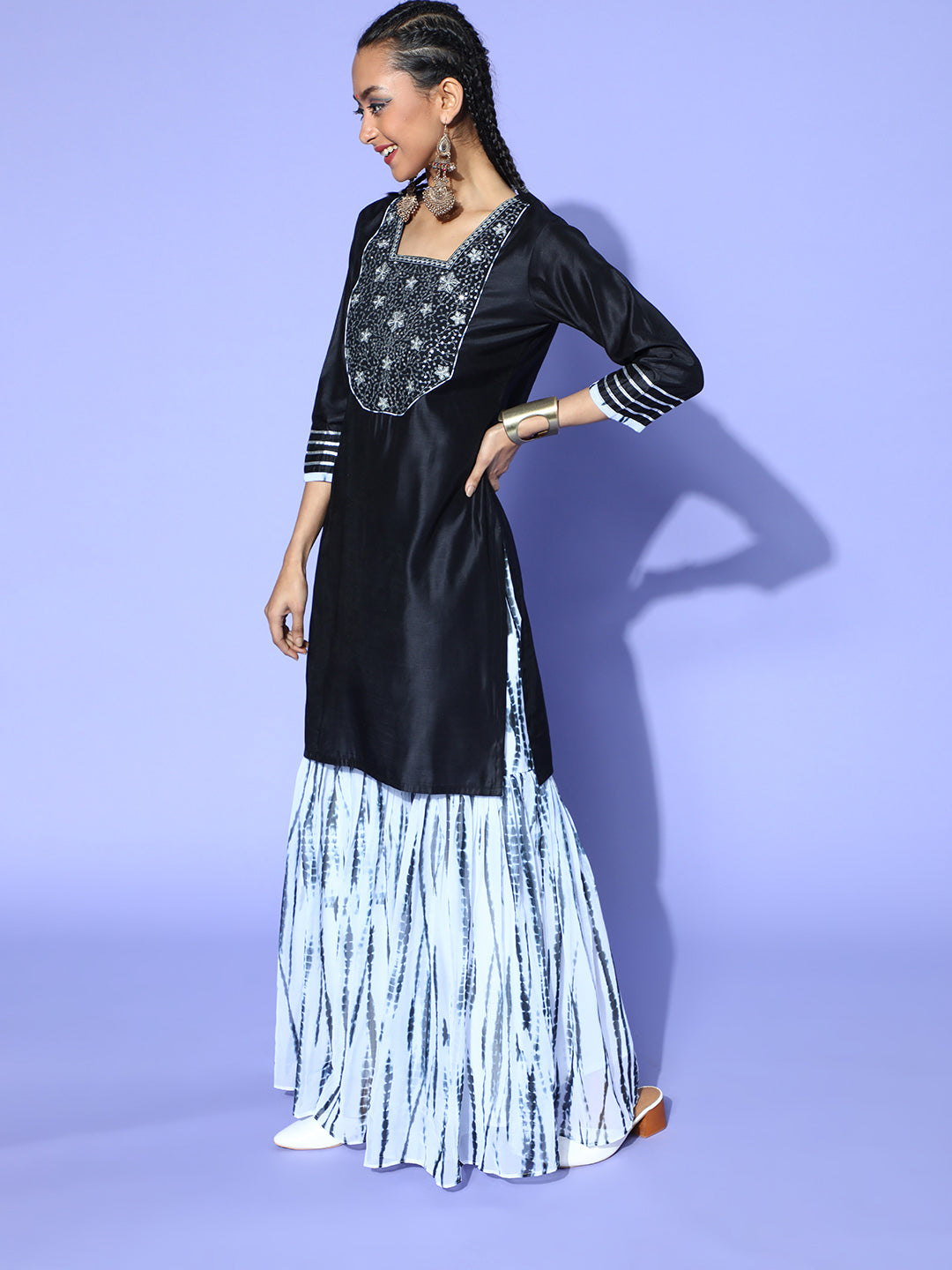 Indo Era Black Tie & Dye A-Line Kurta Palazzo With Dupatta Set