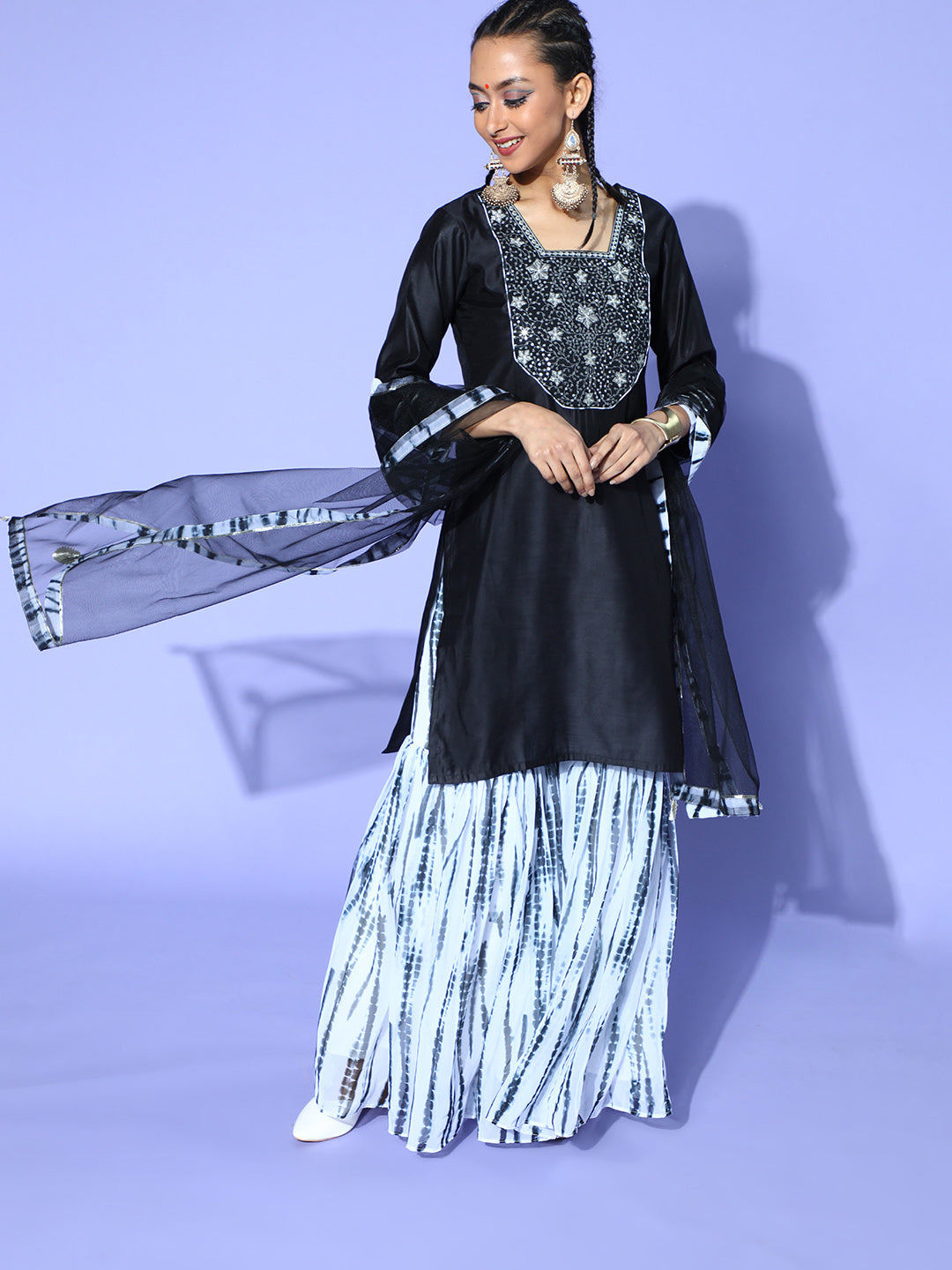 Indo Era Black Tie & Dye A-Line Kurta Palazzo With Dupatta Set