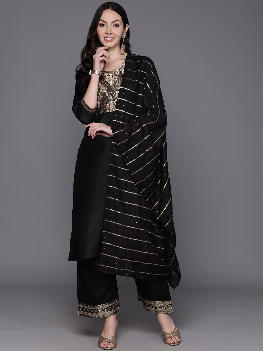 Indo Era Black Yoke Design Regular Kurta with Trousers & With Dupatta