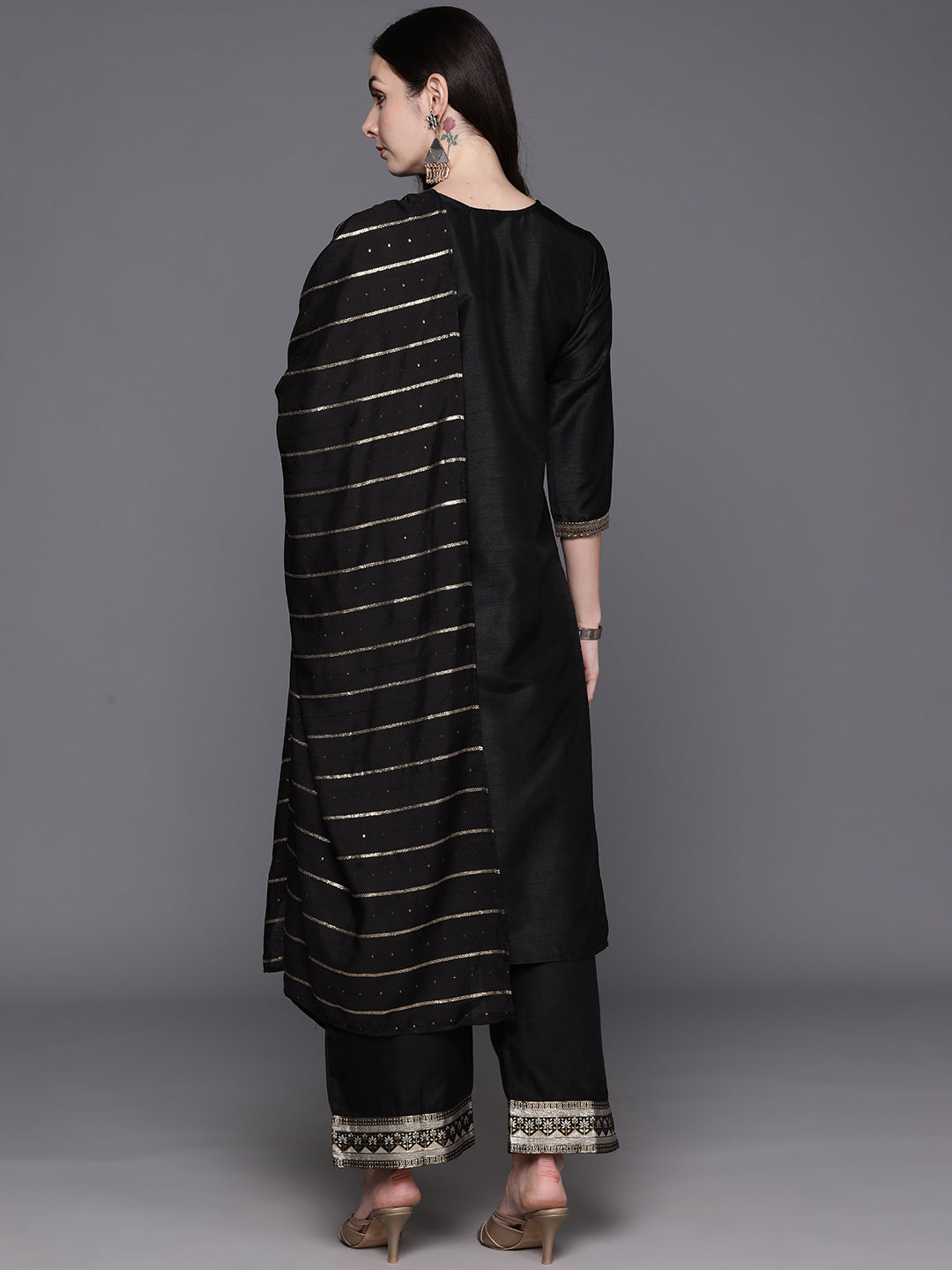 Indo Era Black Yoke Design Regular Kurta with Trousers & With Dupatta