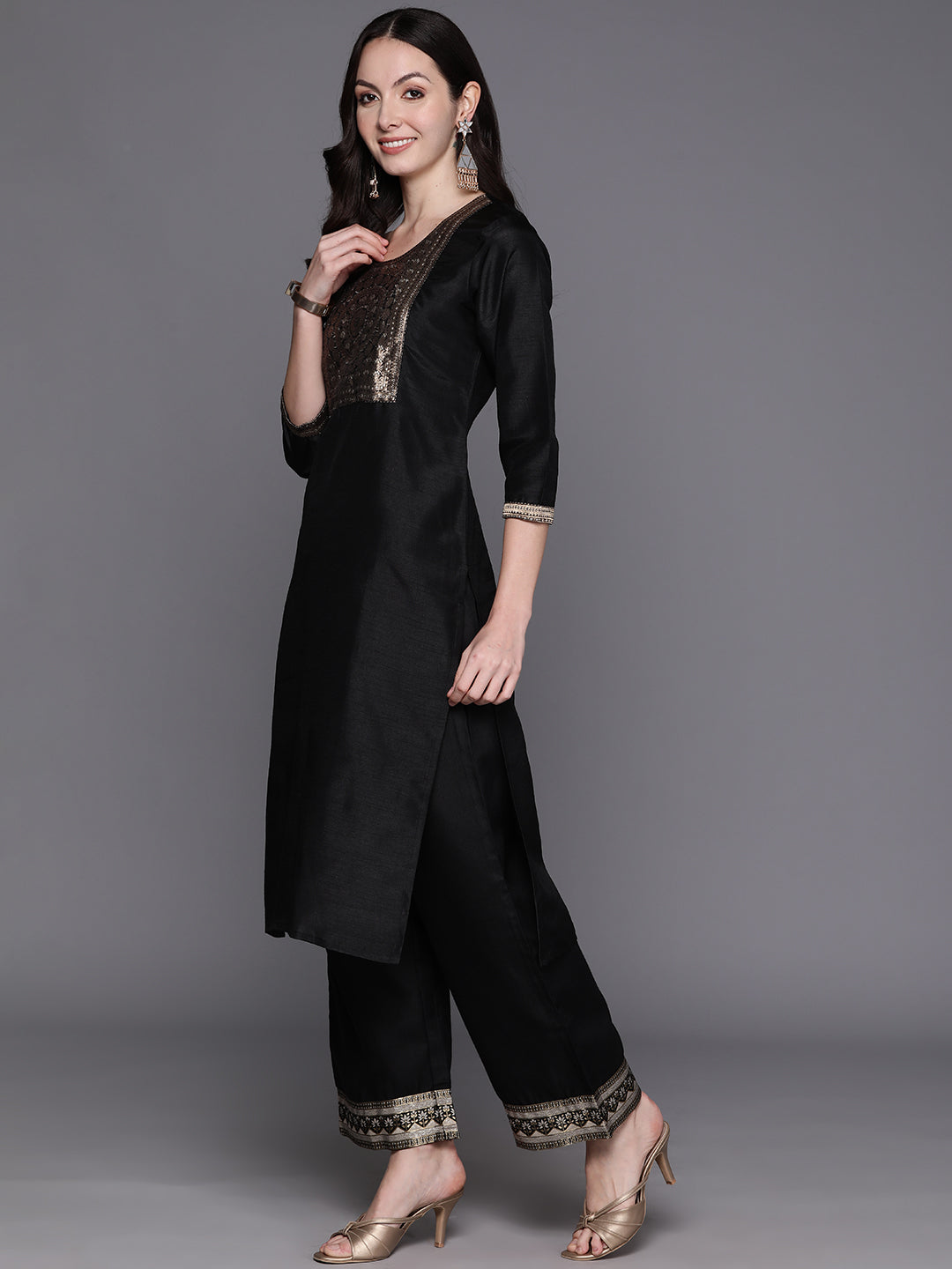 Indo Era Black Yoke Design Regular Kurta with Trousers & With Dupatta