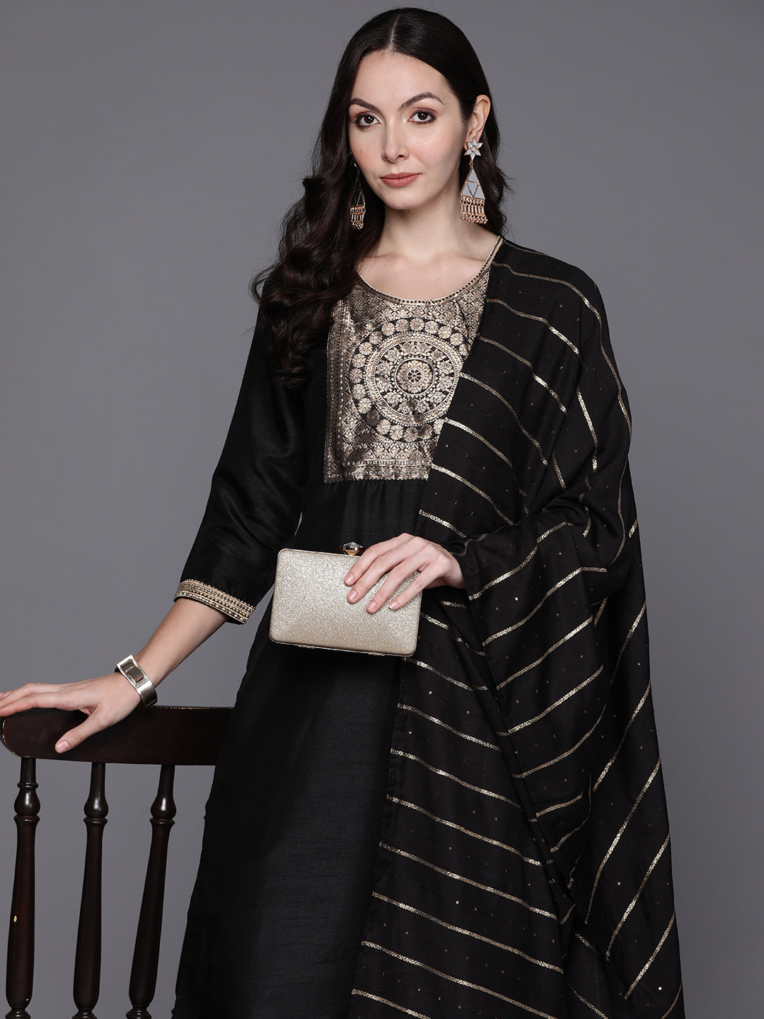 Indo Era Black Yoke Design Regular Kurta with Trousers & With Dupatta
