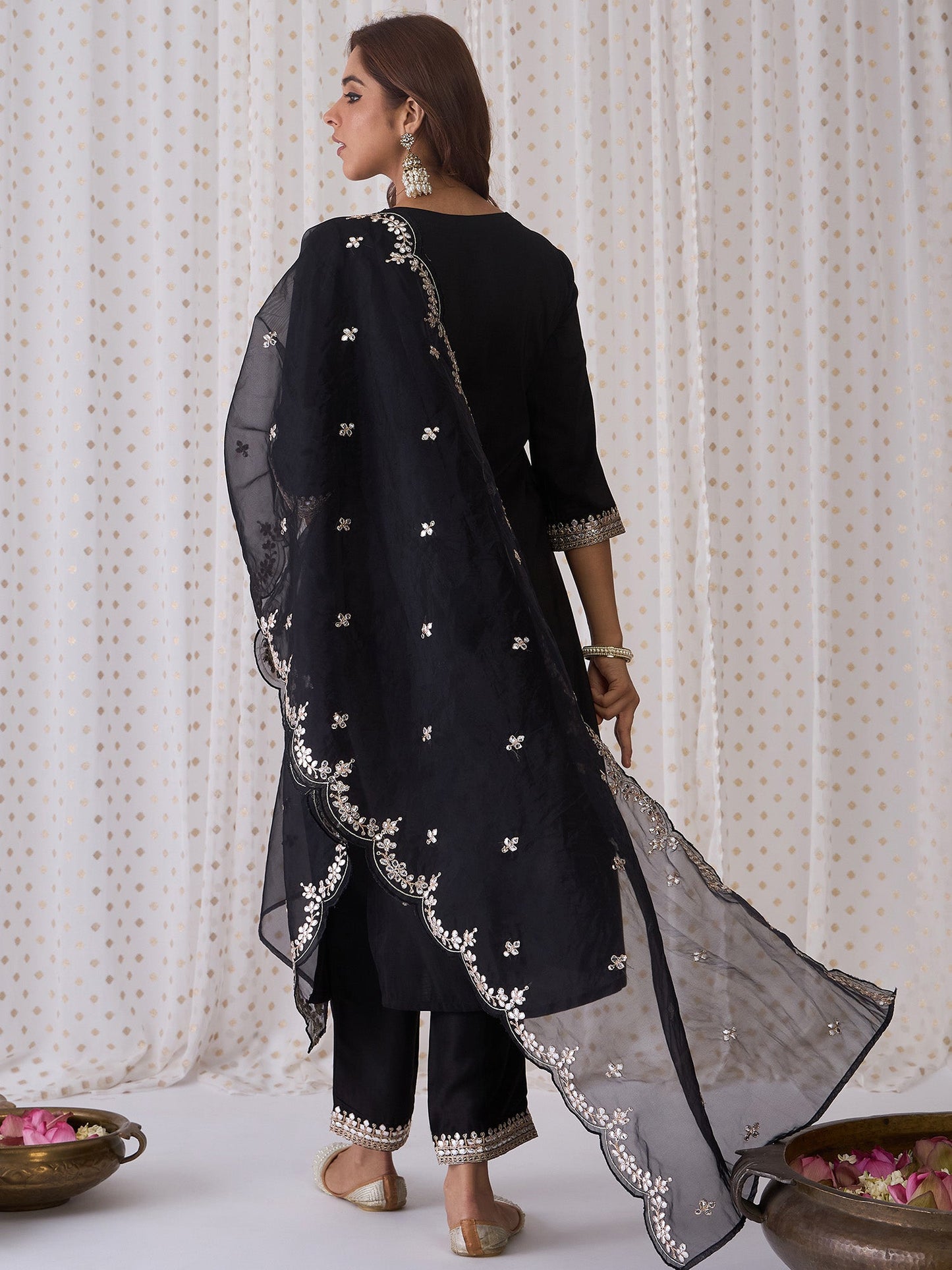 Indo Era Black Embroidered Straight Kurta Trousers With Dupatta set