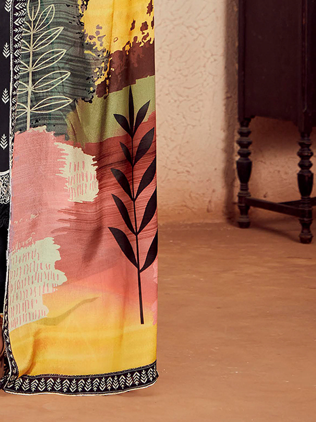 Indo Era Black Printed Straight Kurta Trousers With Dupatta Set