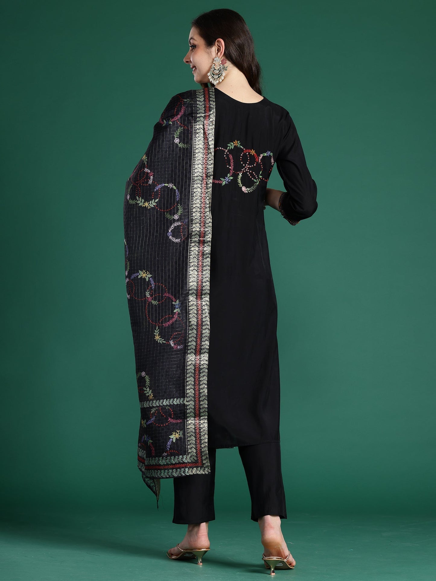 Indo Era Black Embroidered Straight Kurta Trousers With Dupatta Set