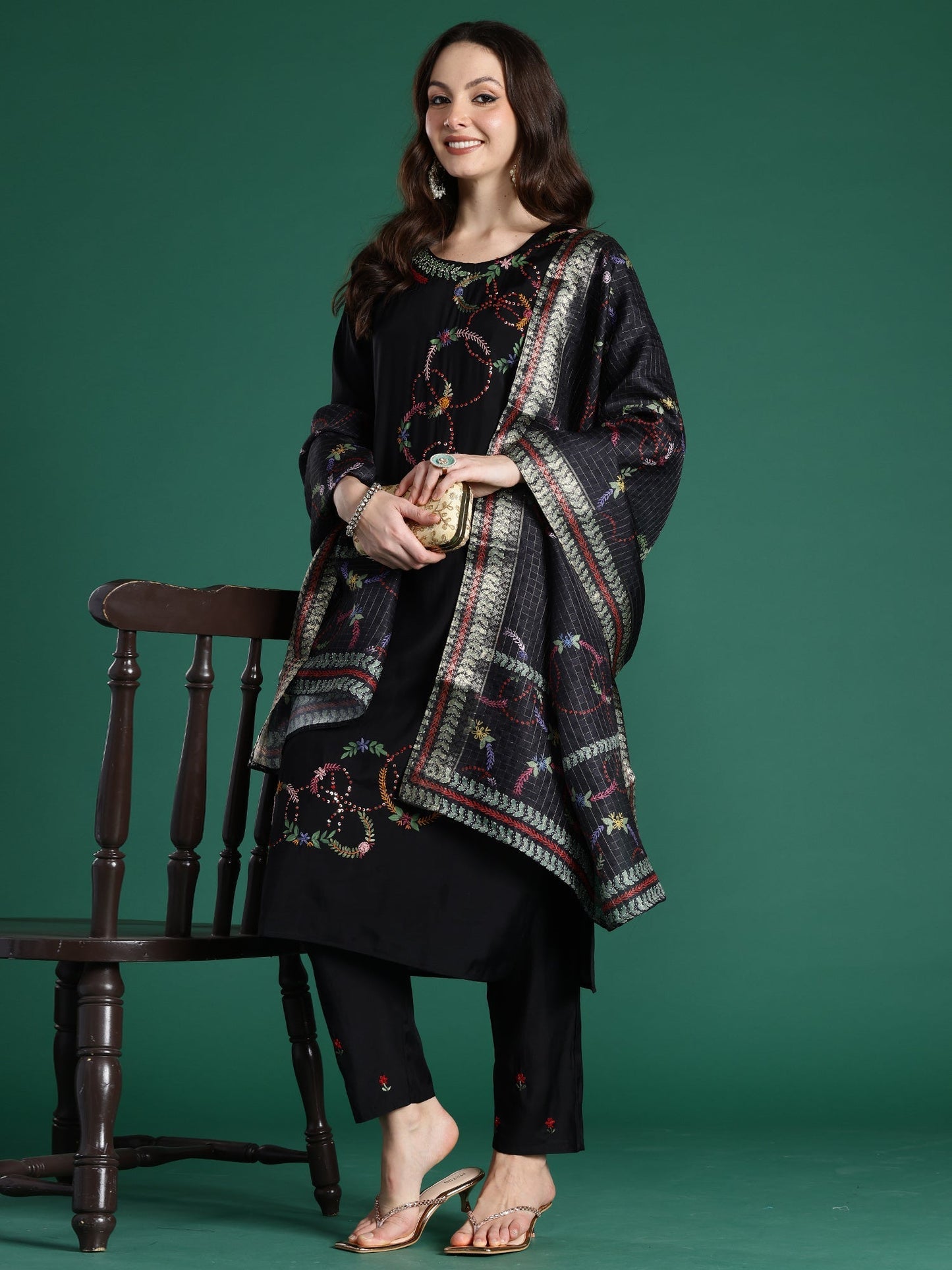 Indo Era Black Embroidered Straight Kurta Trousers With Dupatta Set