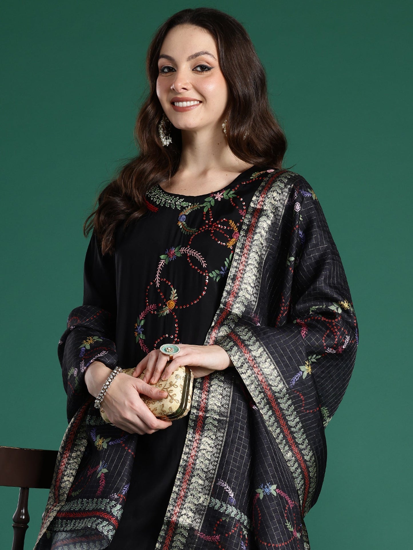 Indo Era Black Embroidered Straight Kurta Trousers With Dupatta Set