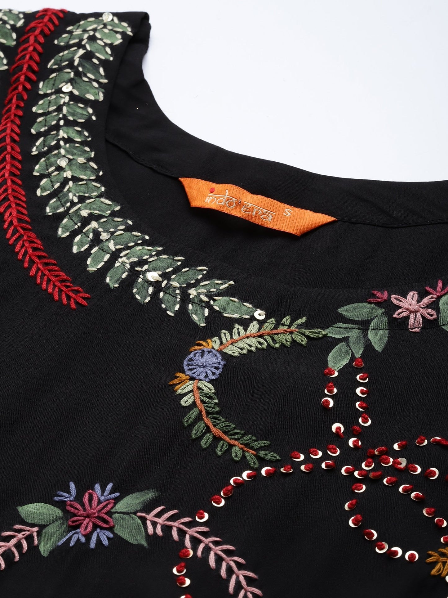 Indo Era Black Embroidered Straight Kurta Trousers With Dupatta Set