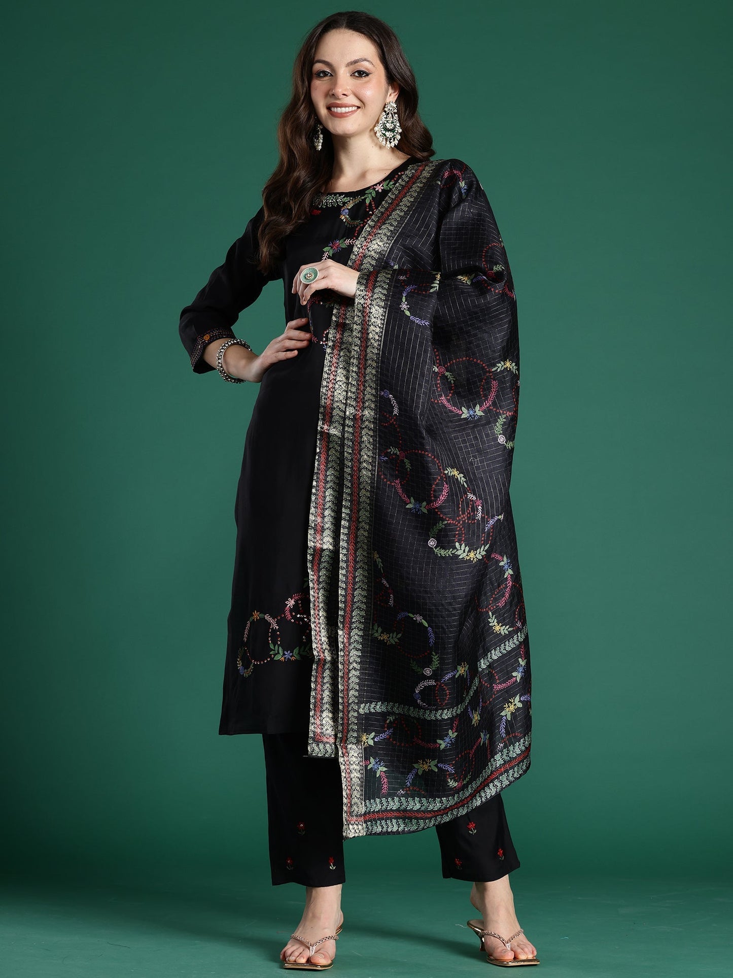 Indo Era Black Embroidered Straight Kurta Trousers With Dupatta Set