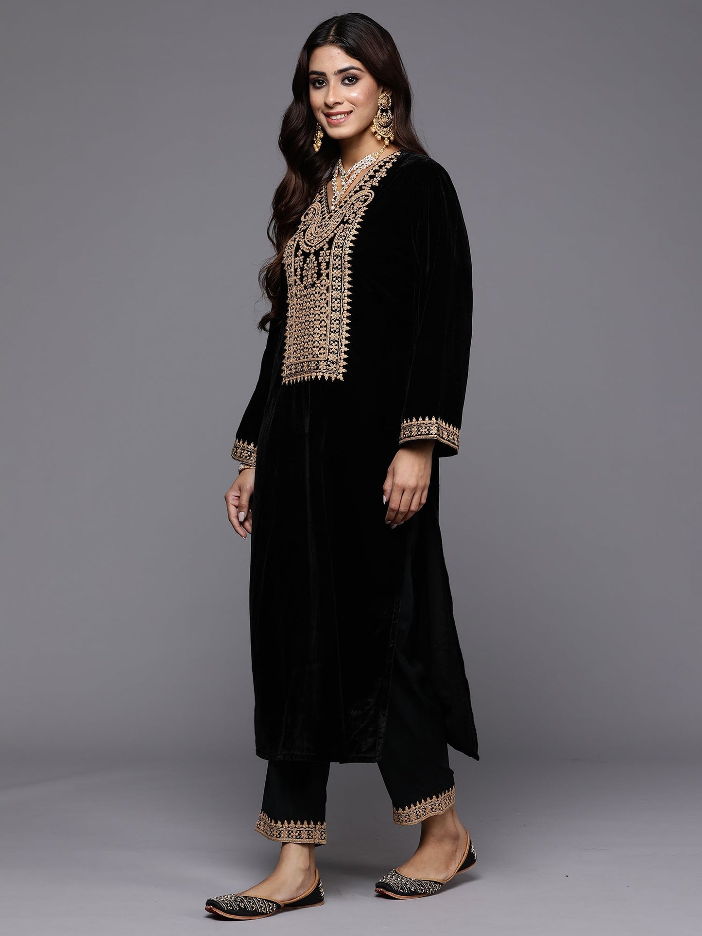 Black Embroidered Straight Kurta Trousers With Dupatta Set