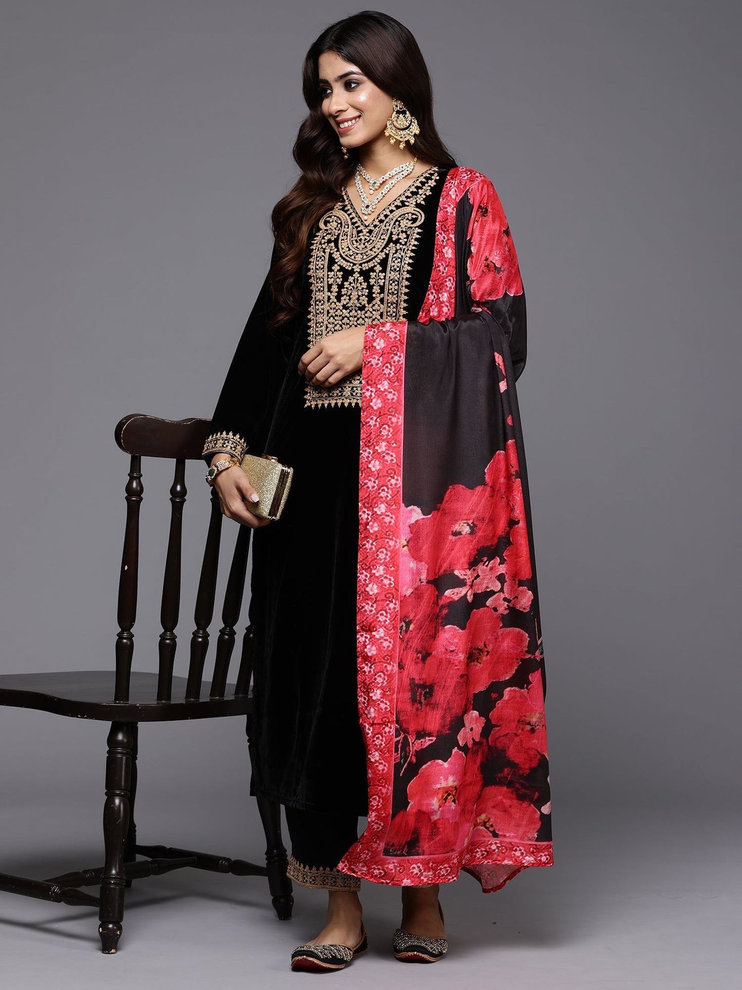 Black Embroidered Straight Kurta Trousers With Dupatta Set