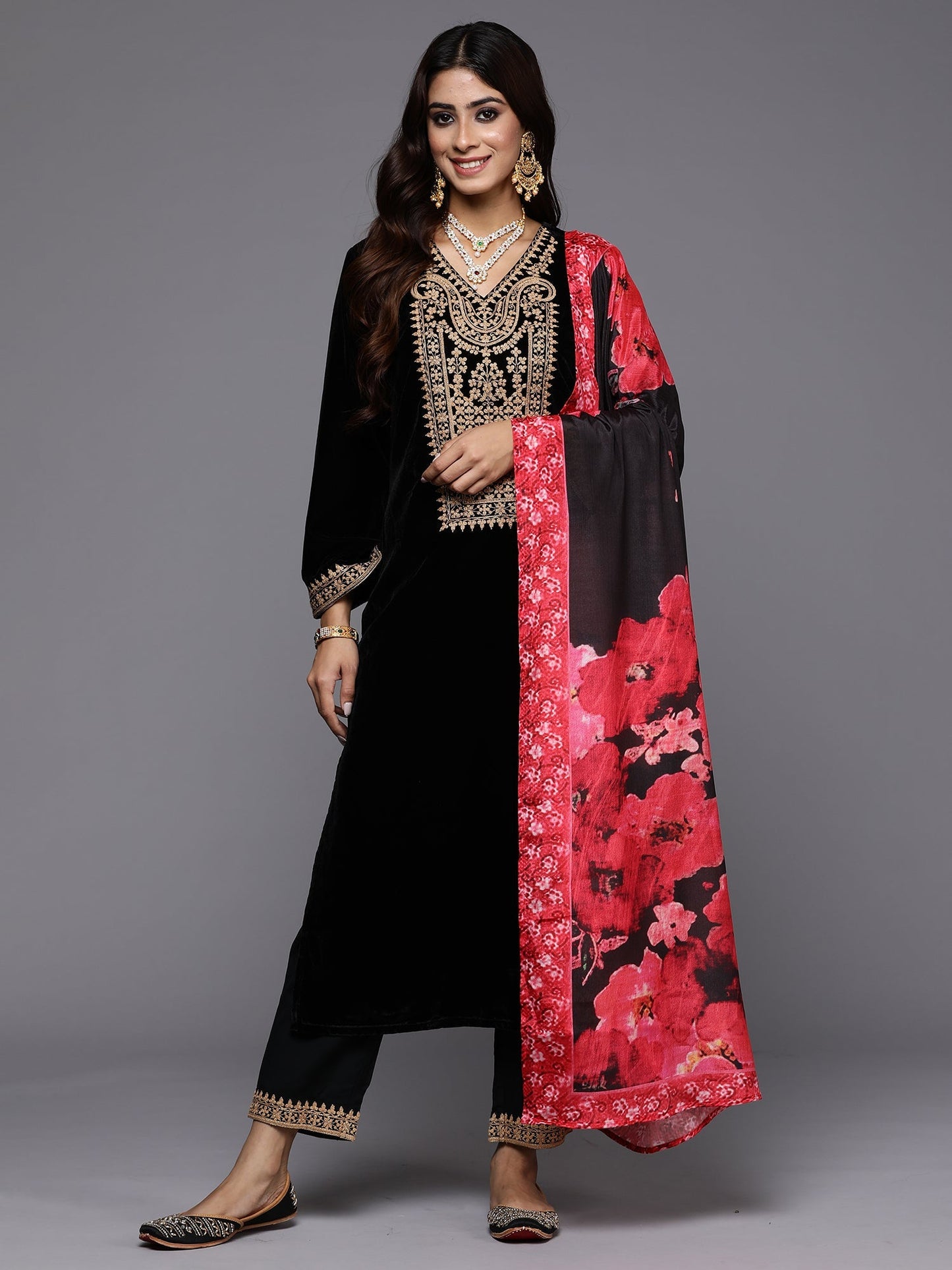 Black Embroidered Straight Kurta Trousers With Dupatta Set