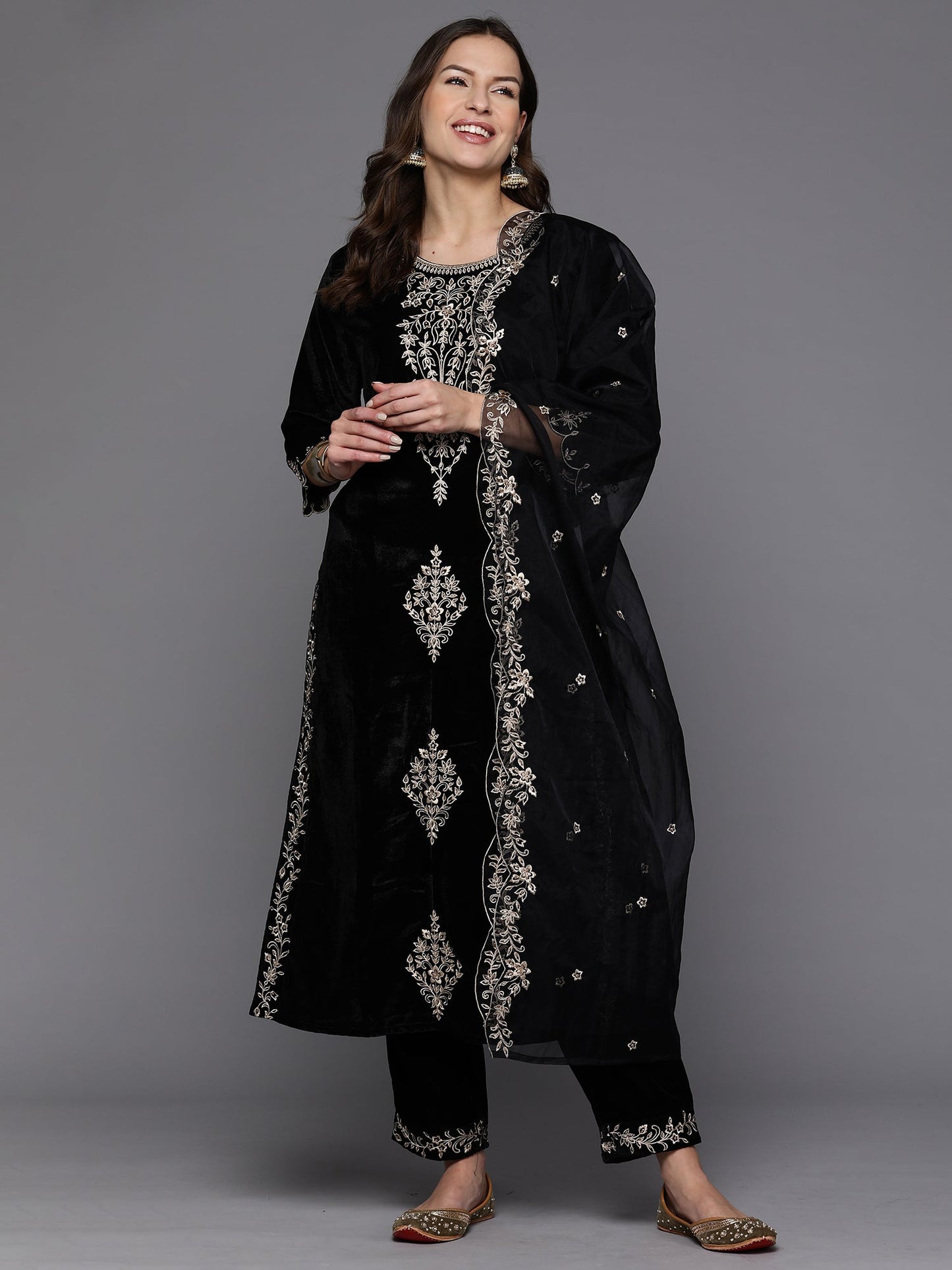 Black Embroidered Straight Kurta Trousers With Dupatta set