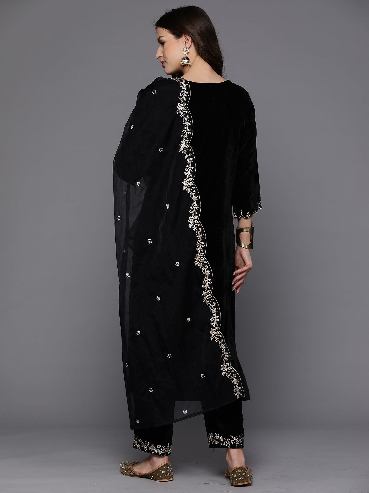Black Embroidered Straight Kurta Trousers With Dupatta set