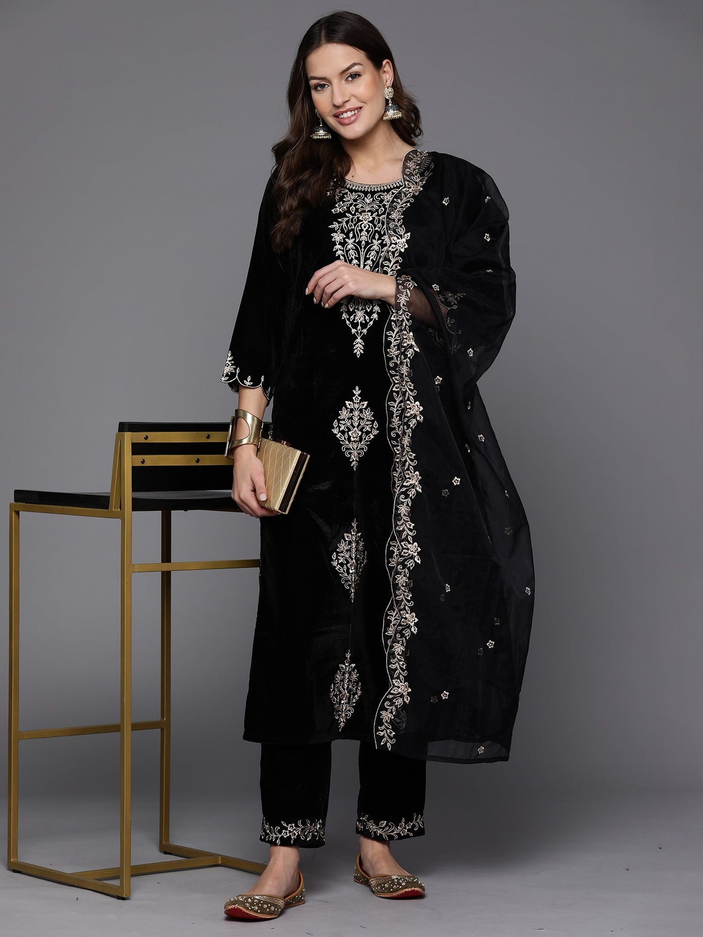 Black Embroidered Straight Kurta Trousers With Dupatta set