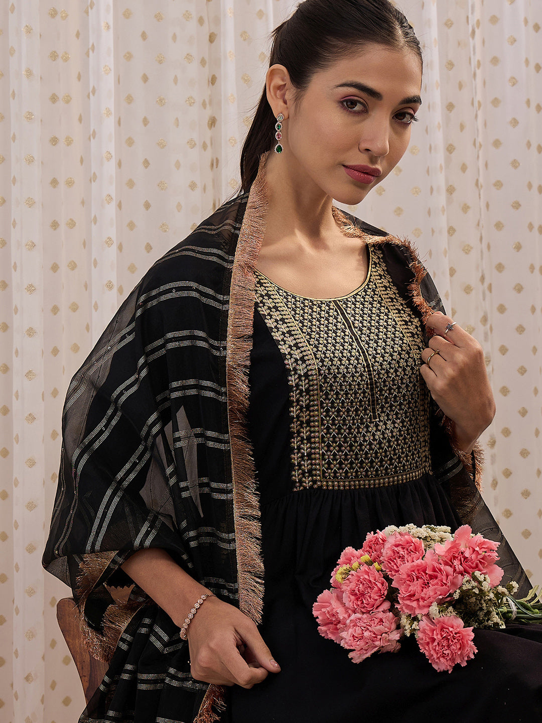 Indo Era Black Yoke Design A-Line Kurta Trousers With Dupatta set