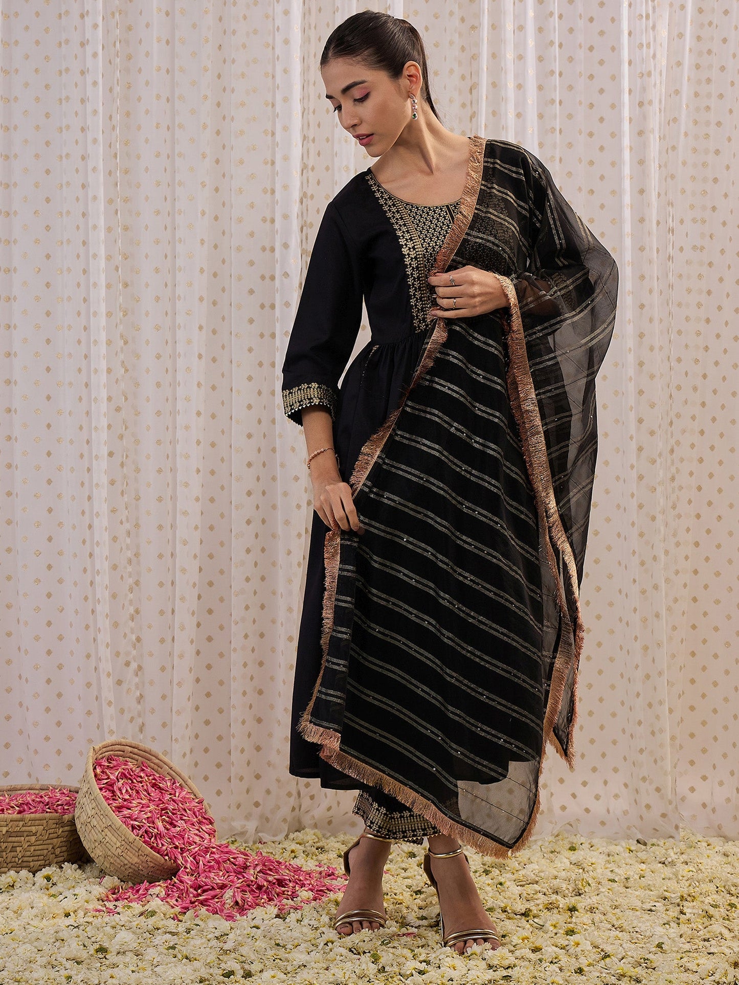 Indo Era Black Yoke Design A-Line Kurta Trousers With Dupatta set