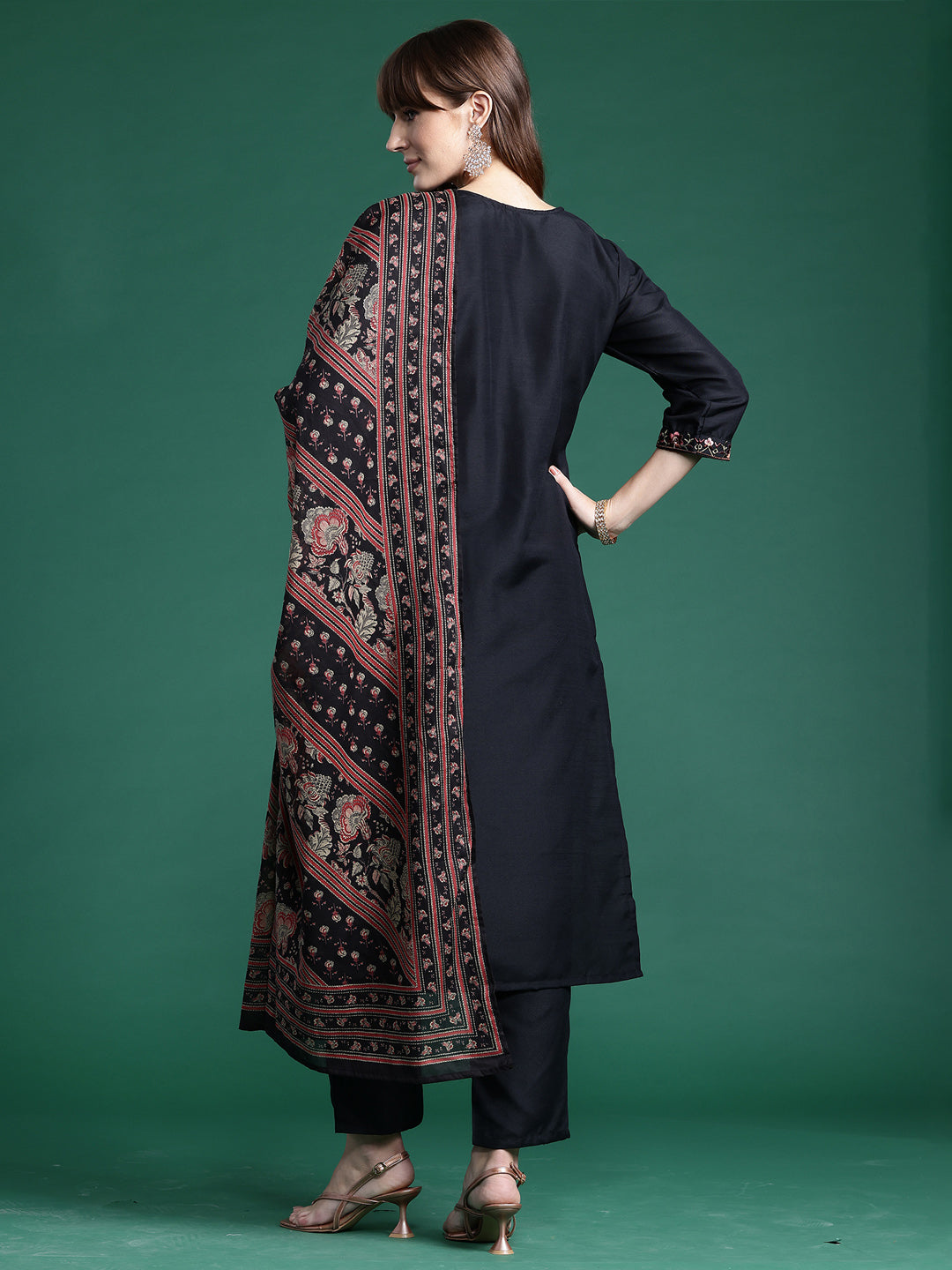 Indo Era Black Embroidered Straight Kurta Trousers With Dupatta Set